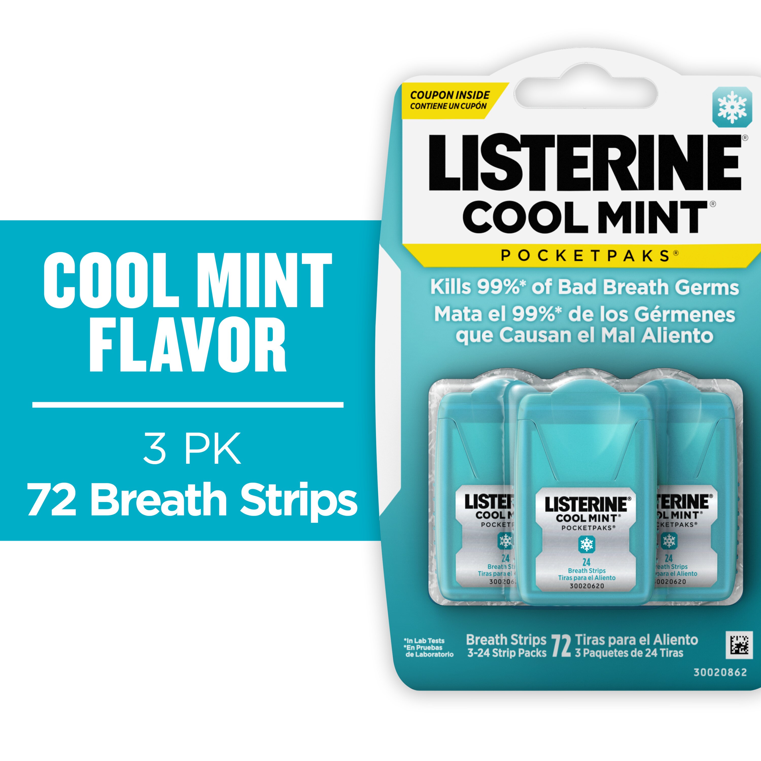 Listerine Pocketpaks Breath Strips, Cool Mint, 24 count, 3 Pack