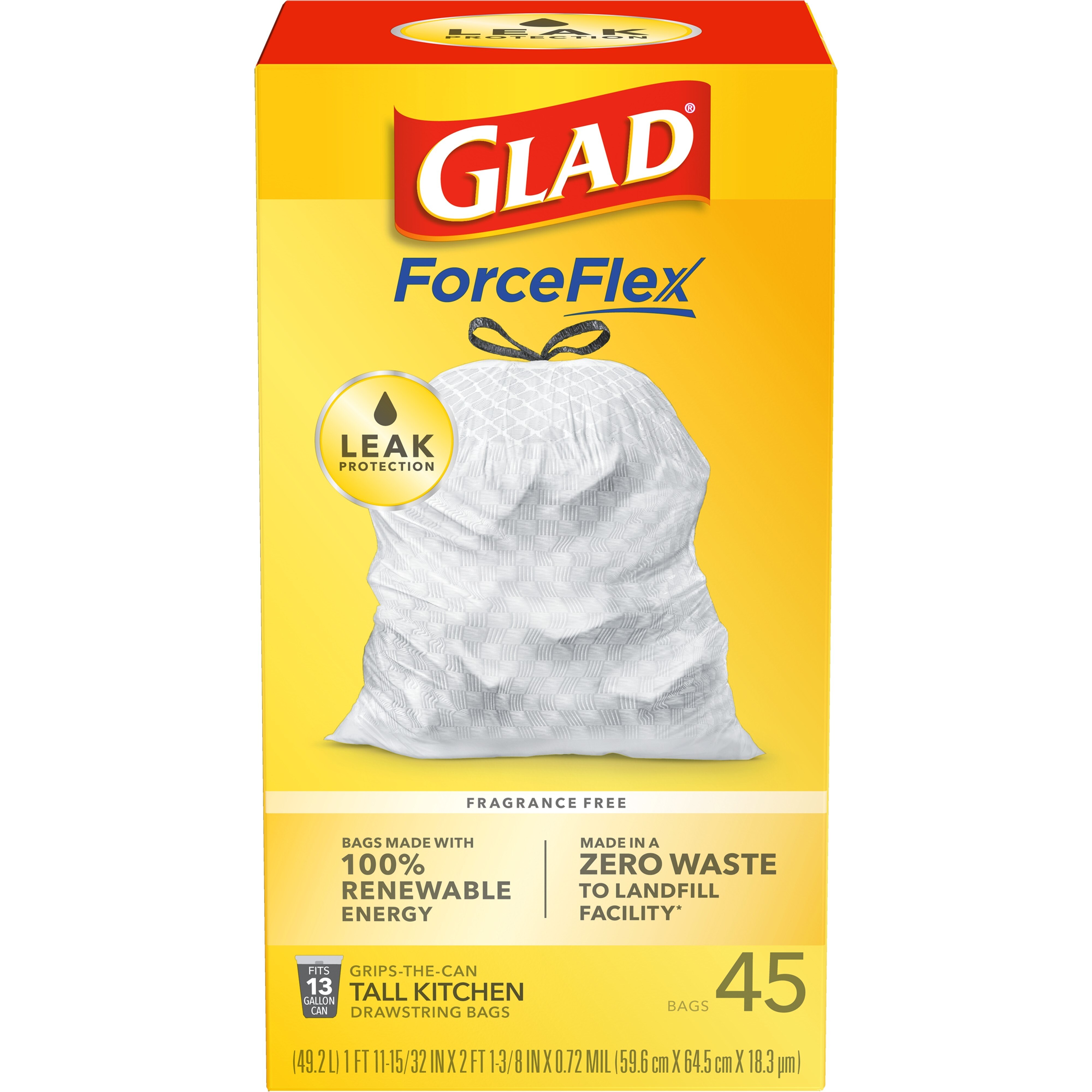 Glad ForceFlex Sustainable Tall Kitchen Trash Bags made with 100% Renewable Energy, 13 Gal Drawstring, 45 ct