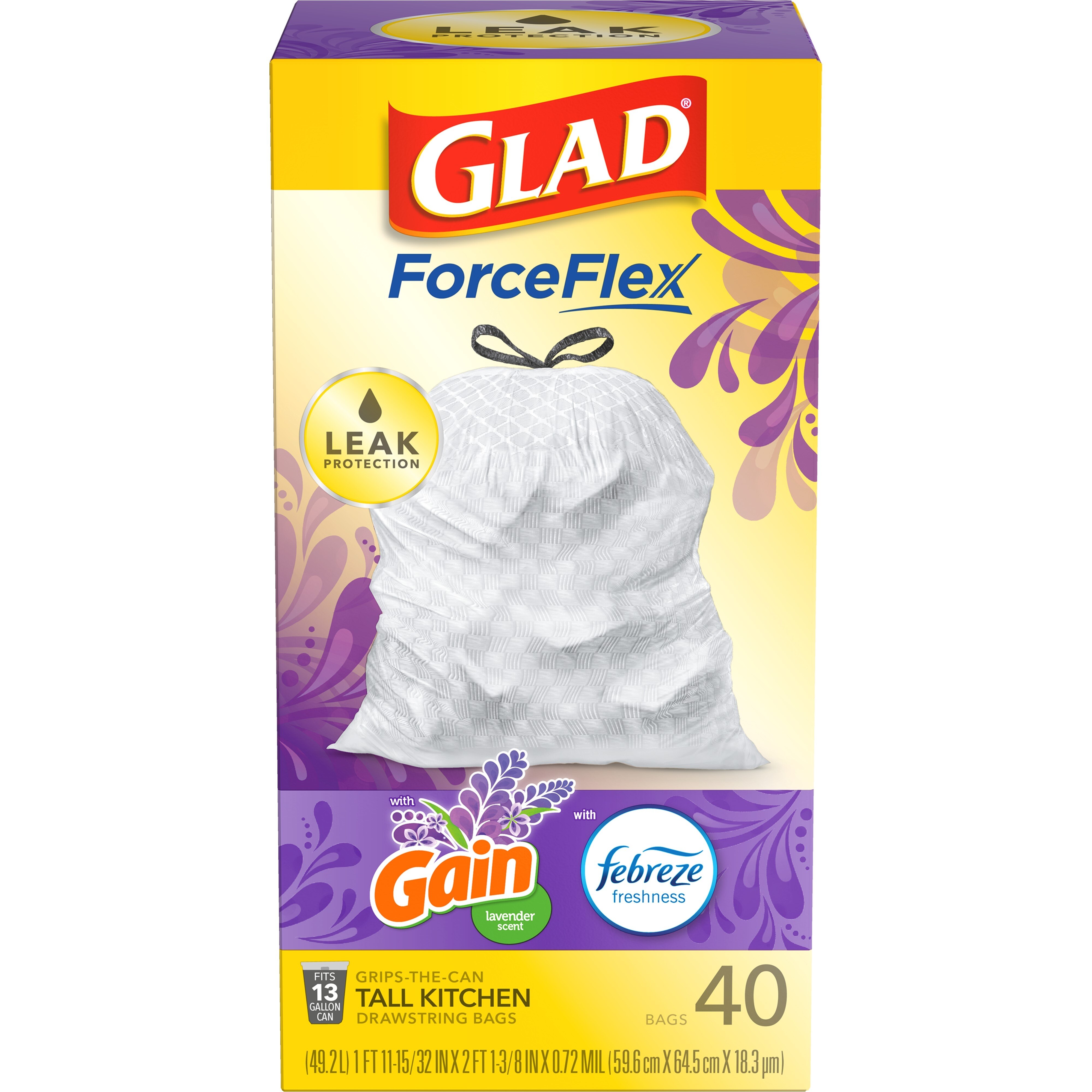 Glad ForceFlex Tall Kitchen Trash Bags, 13 Gal Drawstring, scented