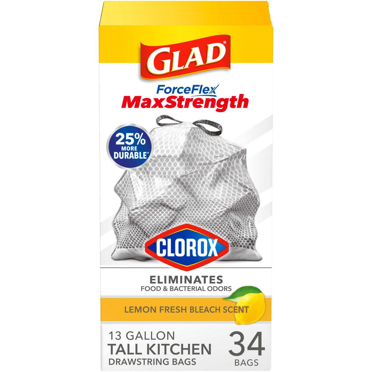 Glad ForceFlex Plus with Clorox Tall Kitchen Trash Bags, Lemon Fresh Bleach scent, 13 Gal Drawstring, 34 ct