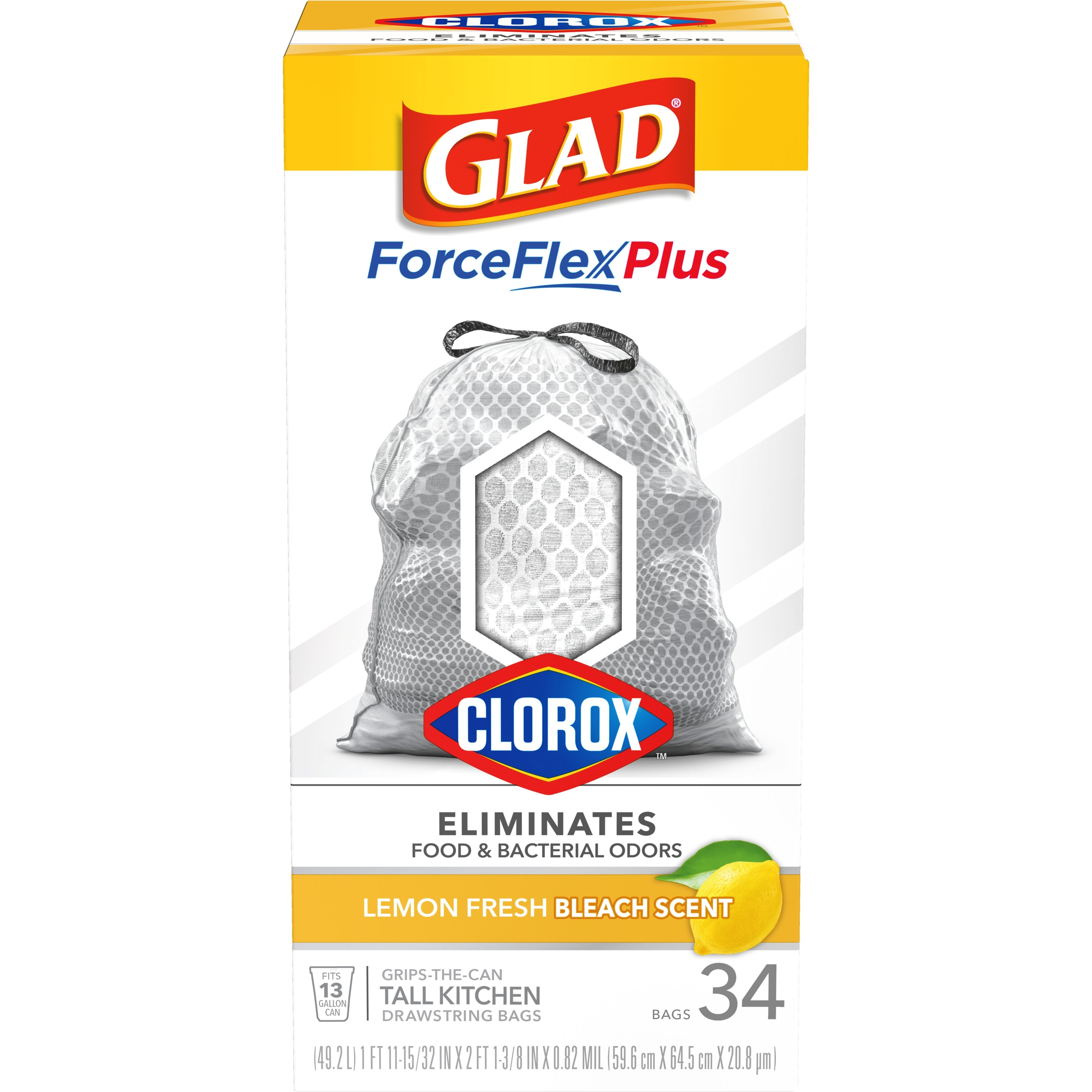 Glad ForceFlex Plus with Clorox Tall Kitchen Trash Bags, Lemon Fresh Bleach scent, 13 Gal Drawstring, 34 ct