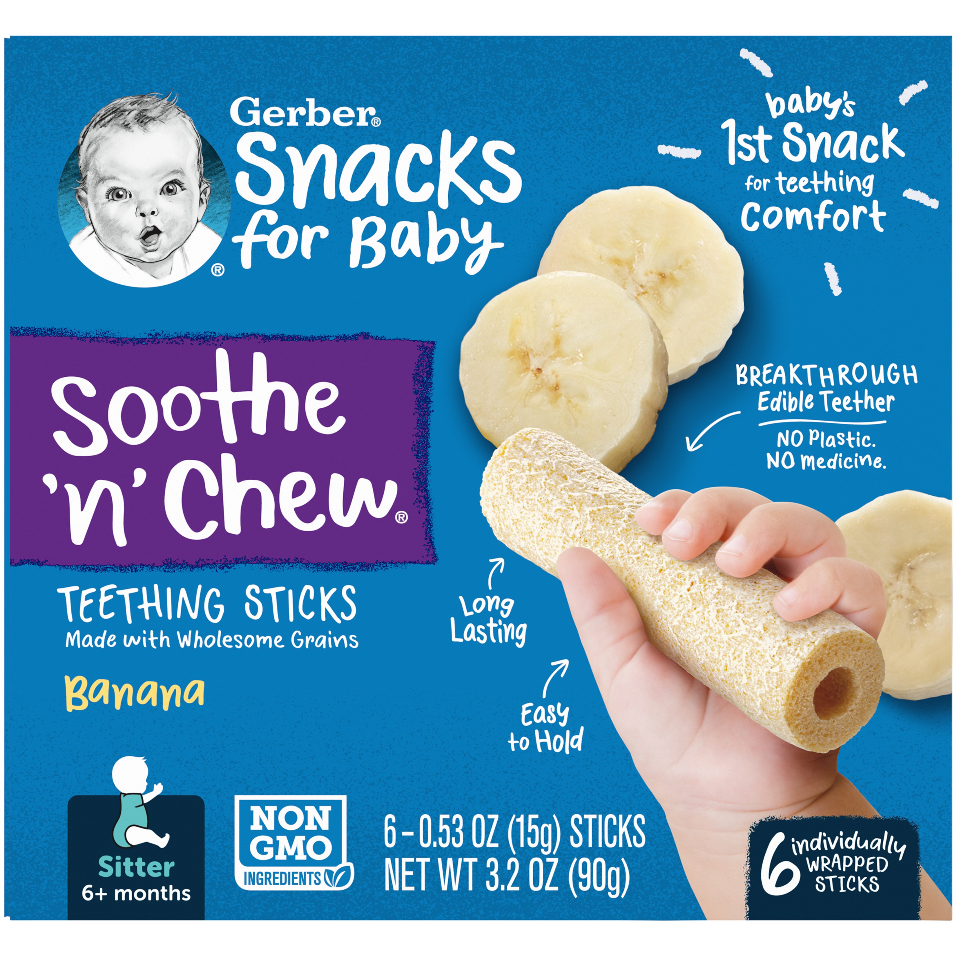 Gerber Snacks for Baby Soothe n Chew Teething Sticks Banana, 0.53 oz Box (6 Pack)