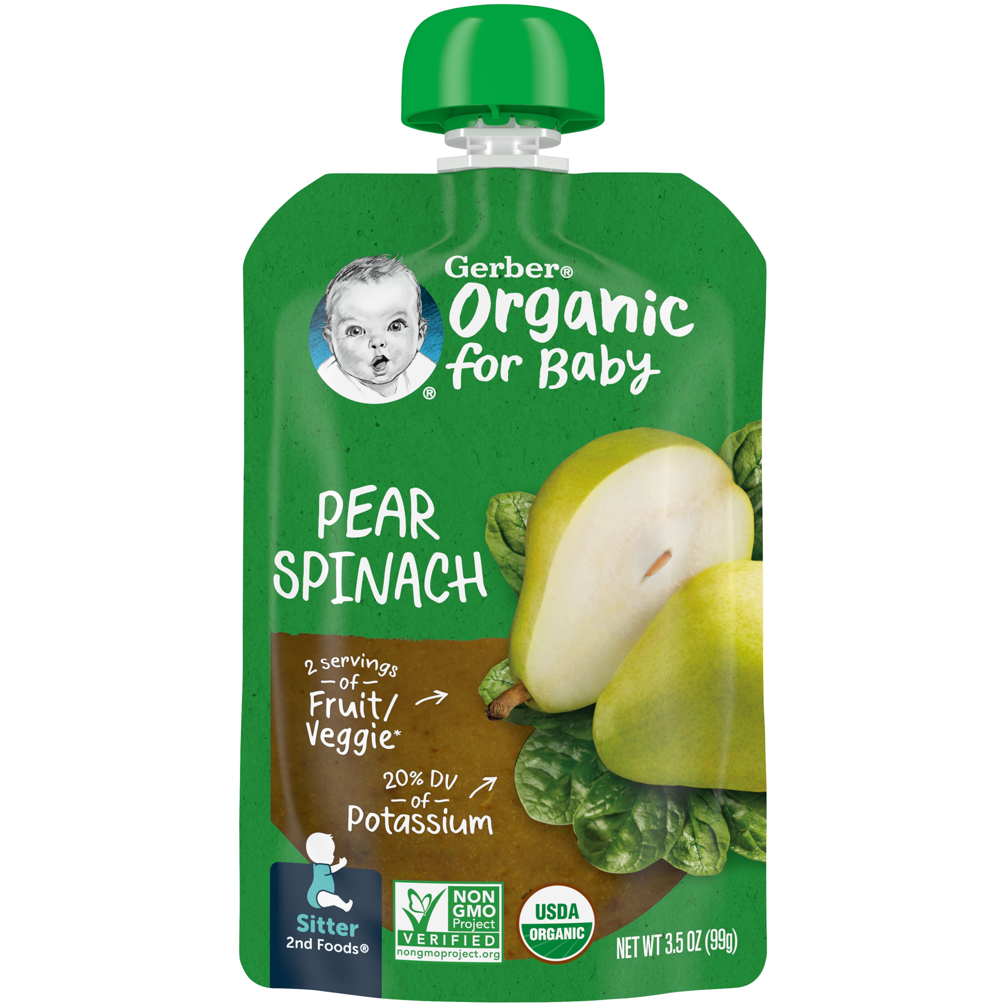 Gerber Organic Stage 2 Baby Food, Pear Spinach, 3.5 oz Pouch