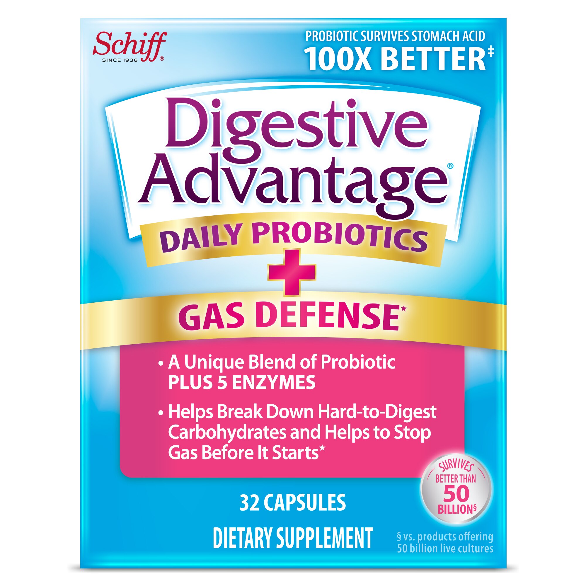 Schiff Digestive Advantage Fast Acting Enzymes + Daily Probiotic, 32 CT