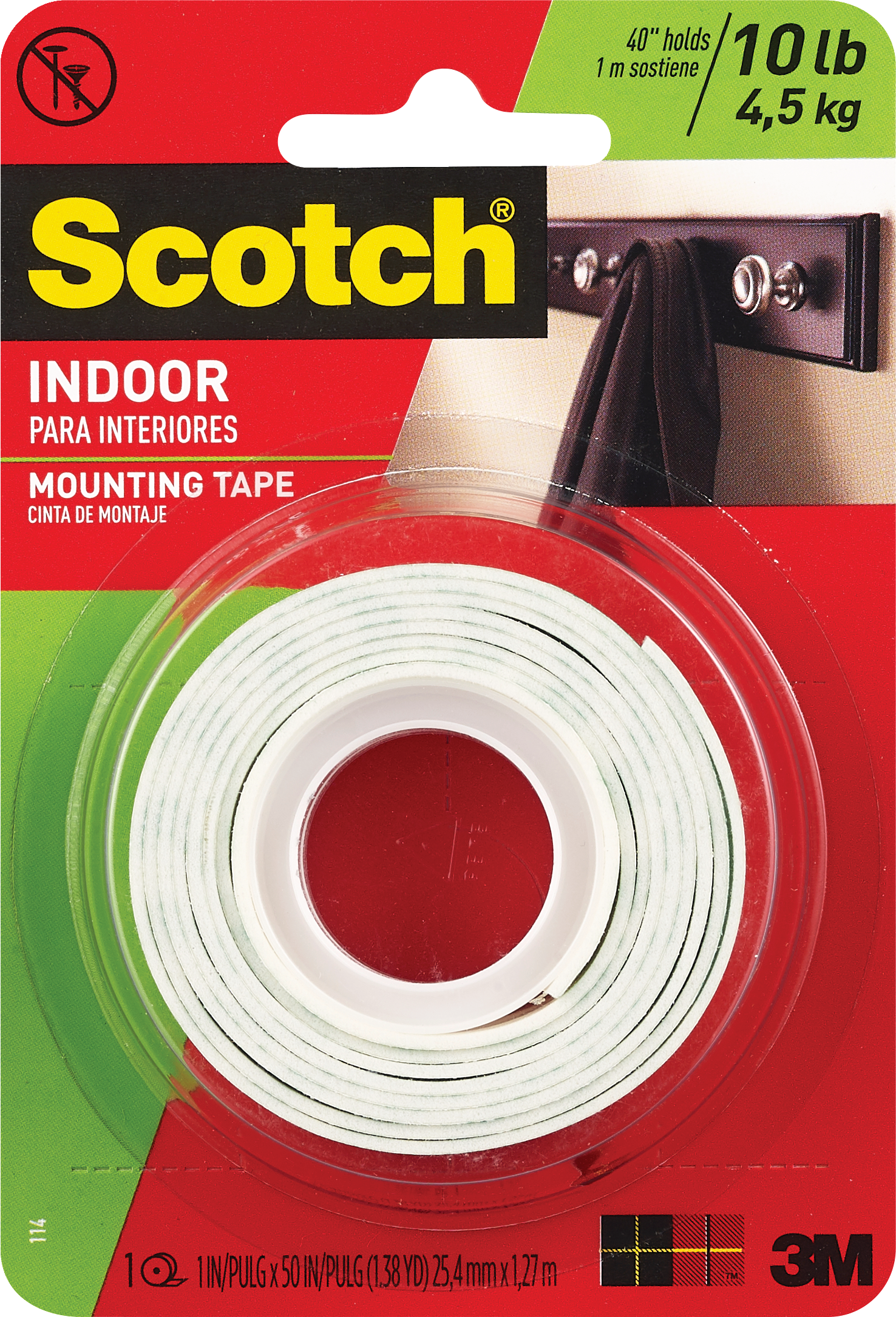 Scotch Heavy Duty Indoor Mounting Tape, Holds 10 lb, 1 in x 50 in Roll