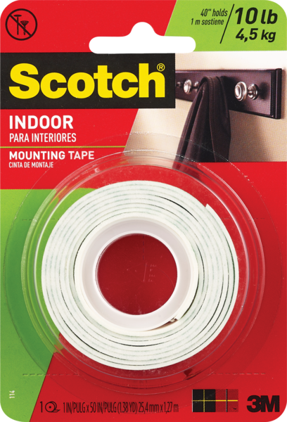 Scotch Heavy Duty Indoor Mounting Tape, Holds 10 lb, 1 in x 50 in Roll