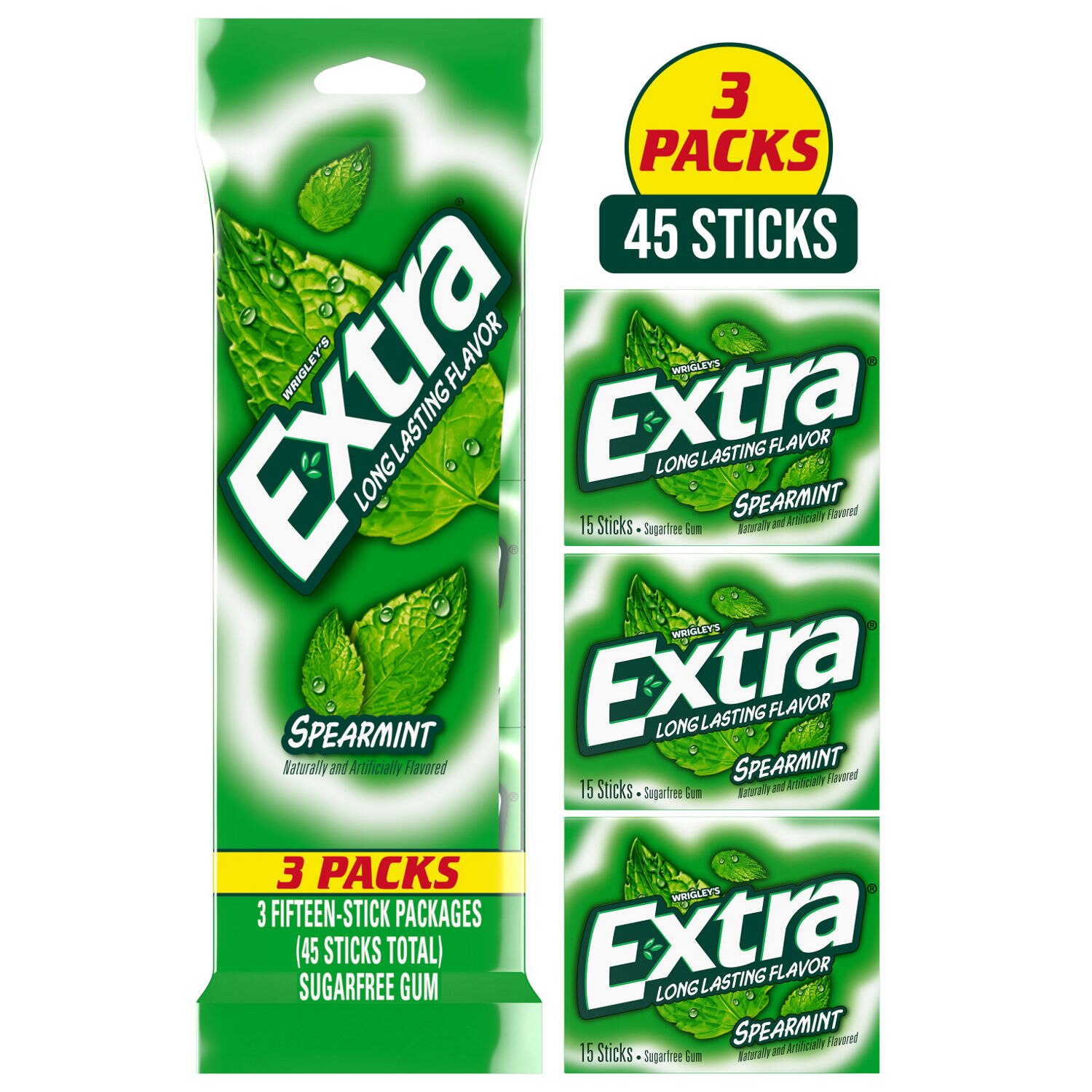 EXTRA Spearmint Sugar Free Chewing Gum, 15 ct (3 Pack)