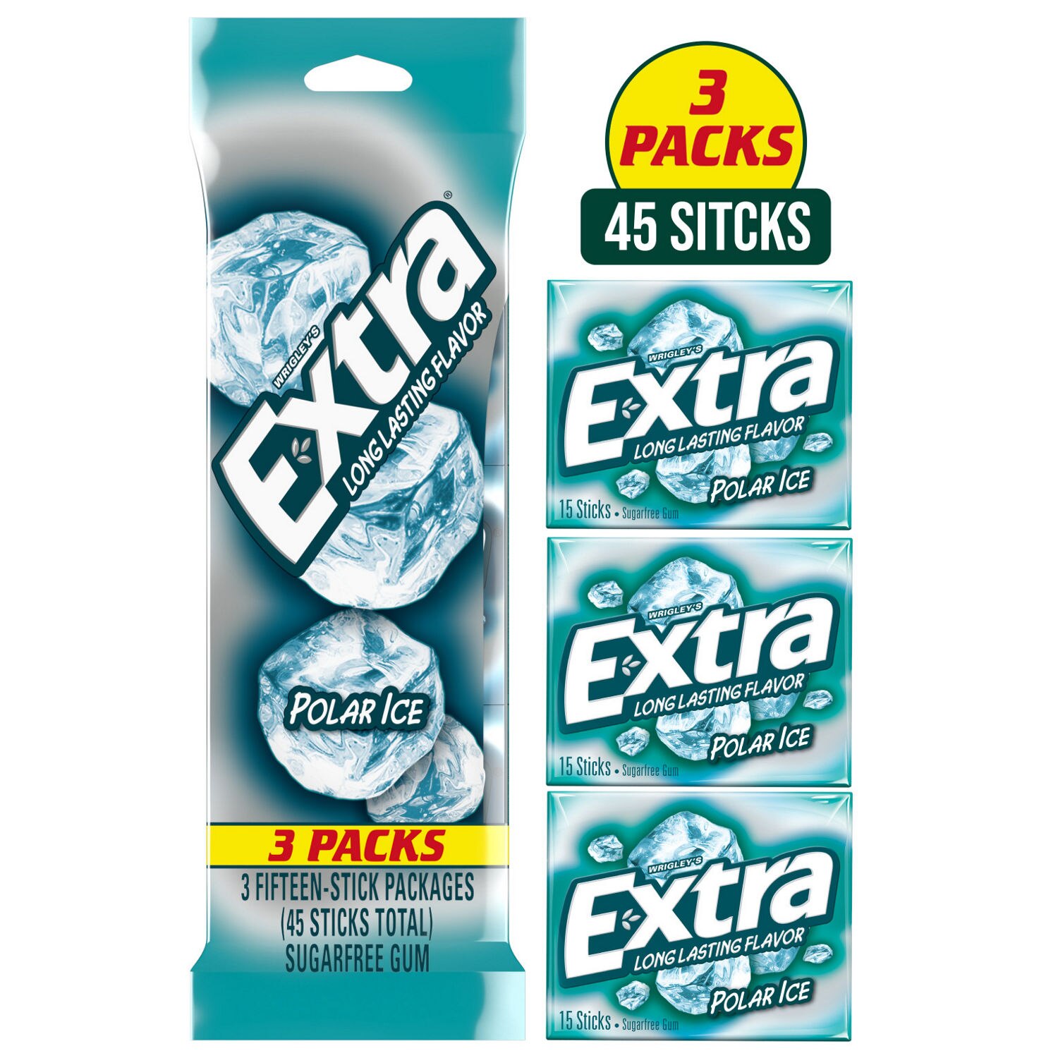 Extra, Polar Ice Sugar Free Chewing Gum, 15 ct (3 Pack)