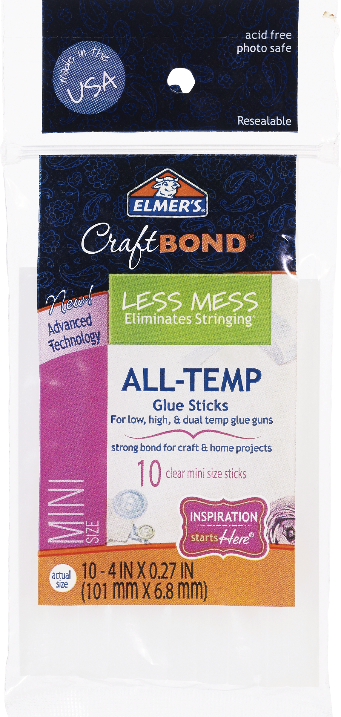 Elmer's CraftBond Less Mess All-Temp Mini Glue Sticks, 4 in. x 0.27 in., 10 CT