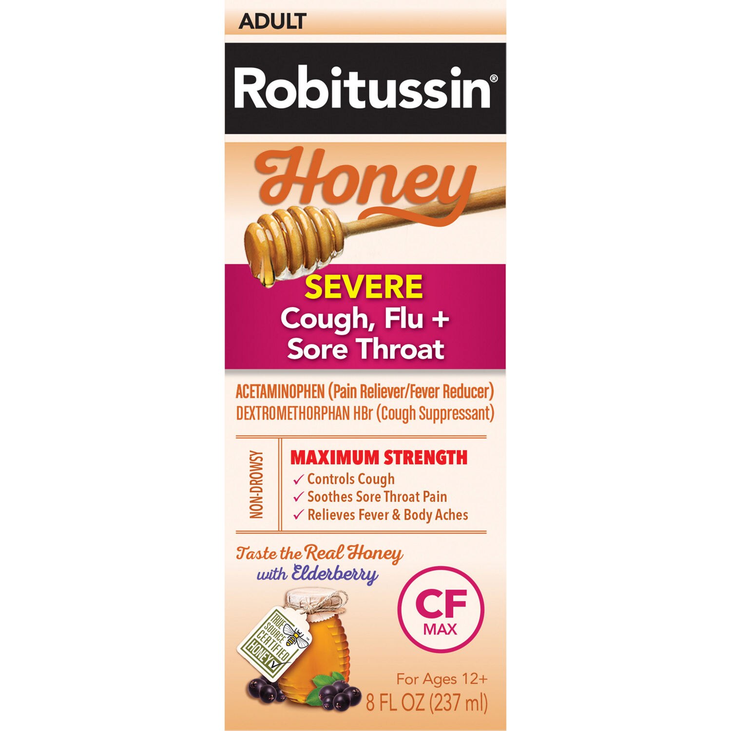 Robitussin Severe Cough, Flu + Sore Throat Daytime Relief, Honey with Elderberry, 8 OZ