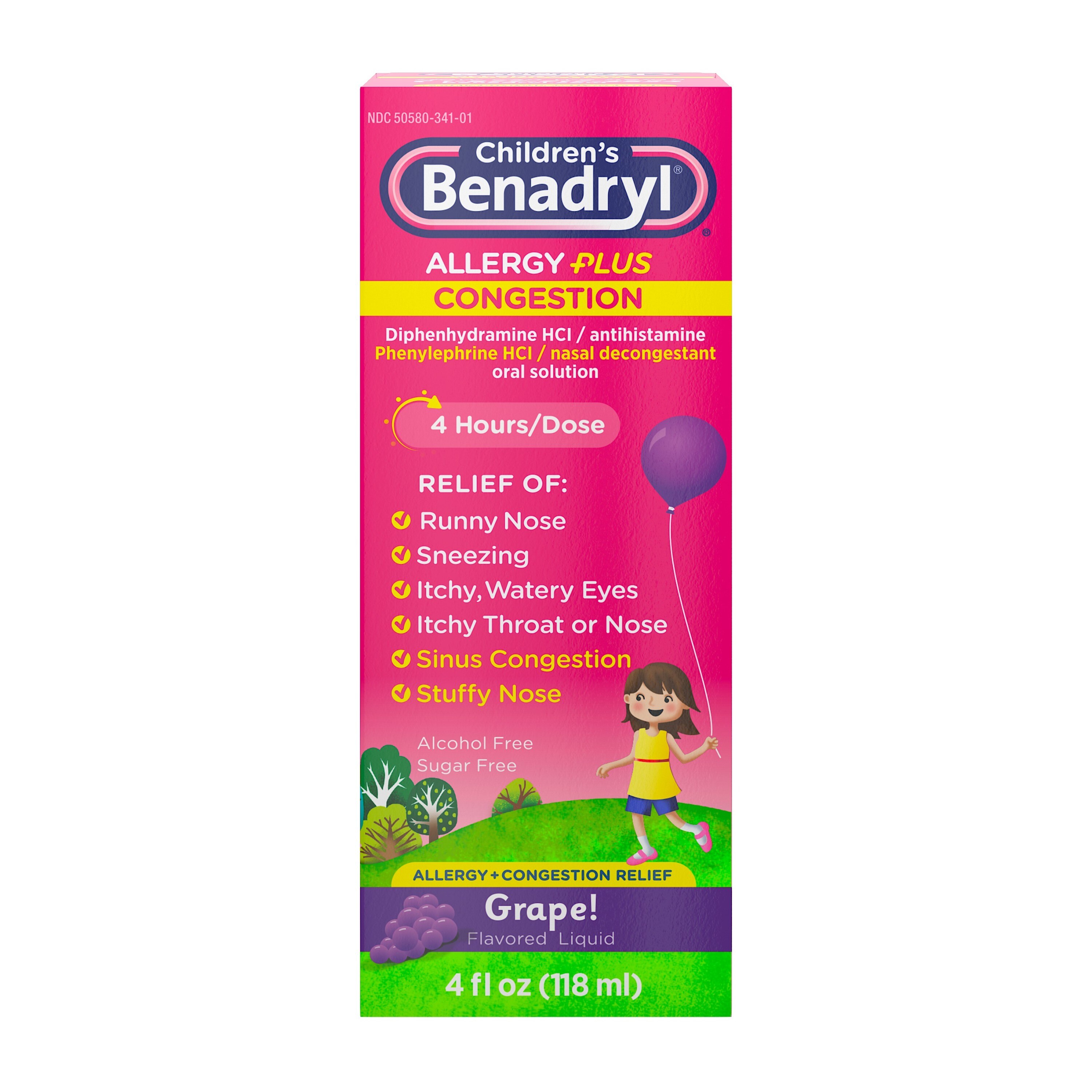 Children`s Benadryl Allergy Plus Congestion Liquid, Grape, 4 fl. oz