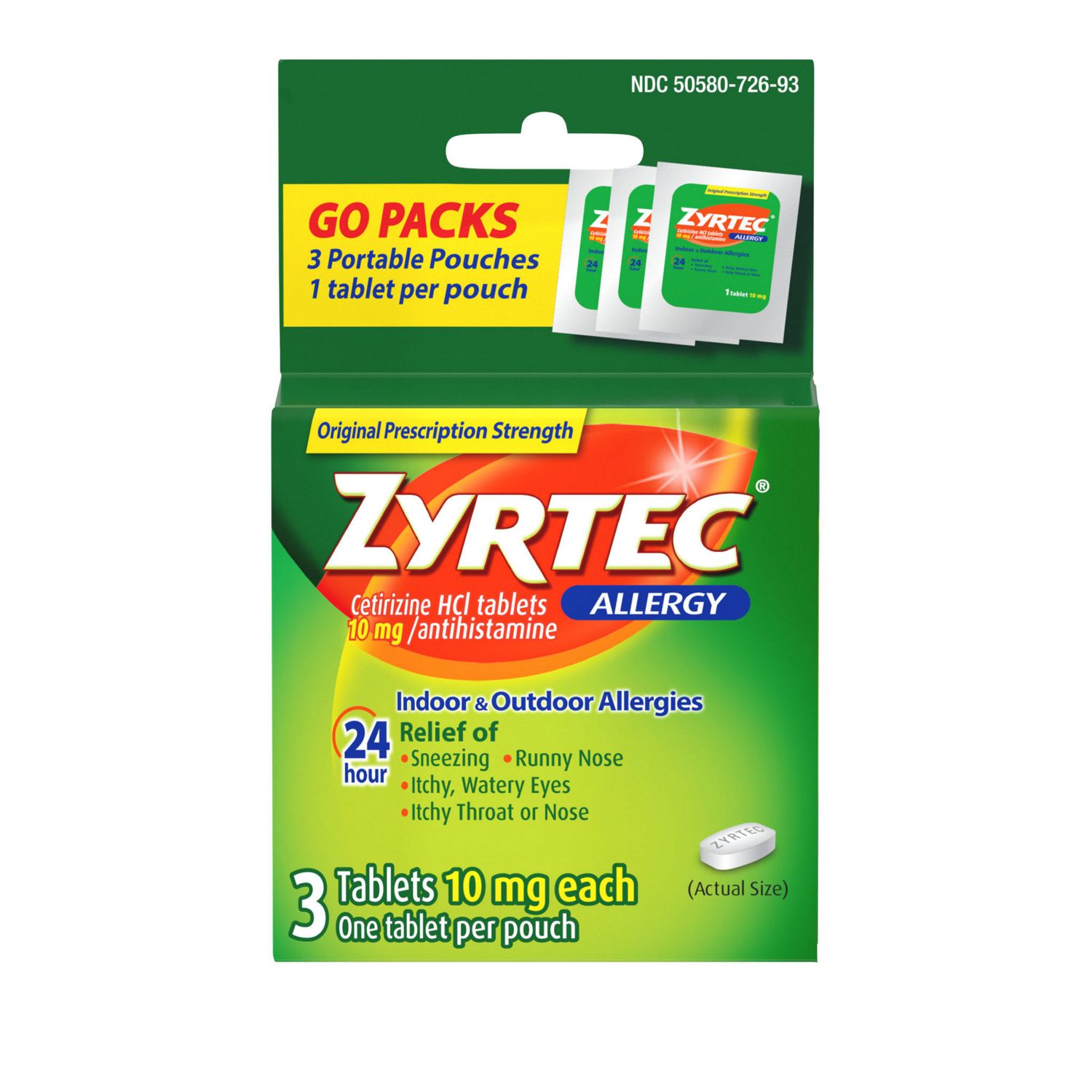 Zyrtec 24 Hour Allergy Tablets with Cetirizine HCl, Travel Size, 3 CT