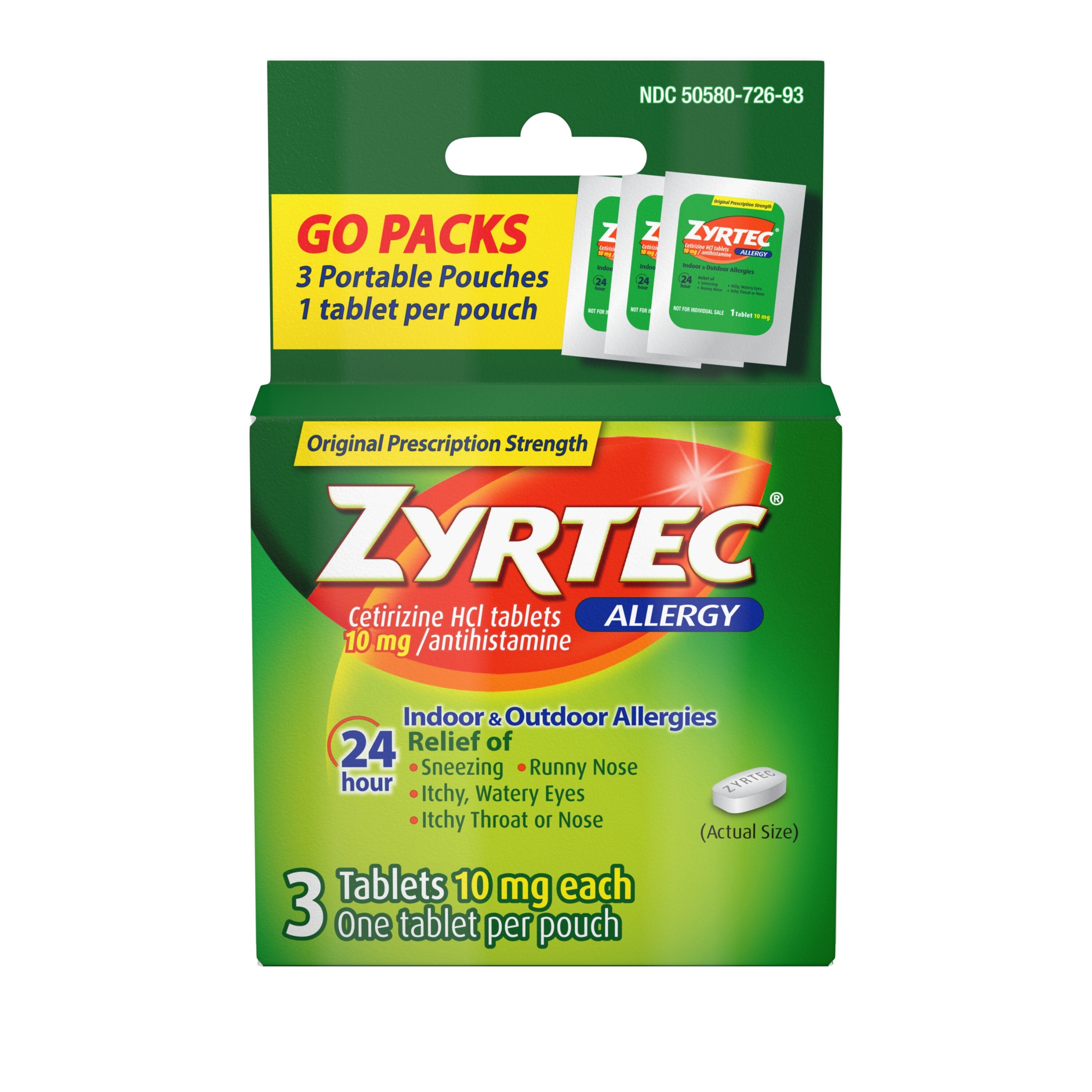 Zyrtec 24 Hour Allergy Tablets with Cetirizine HCl, Travel Size, 3 CT