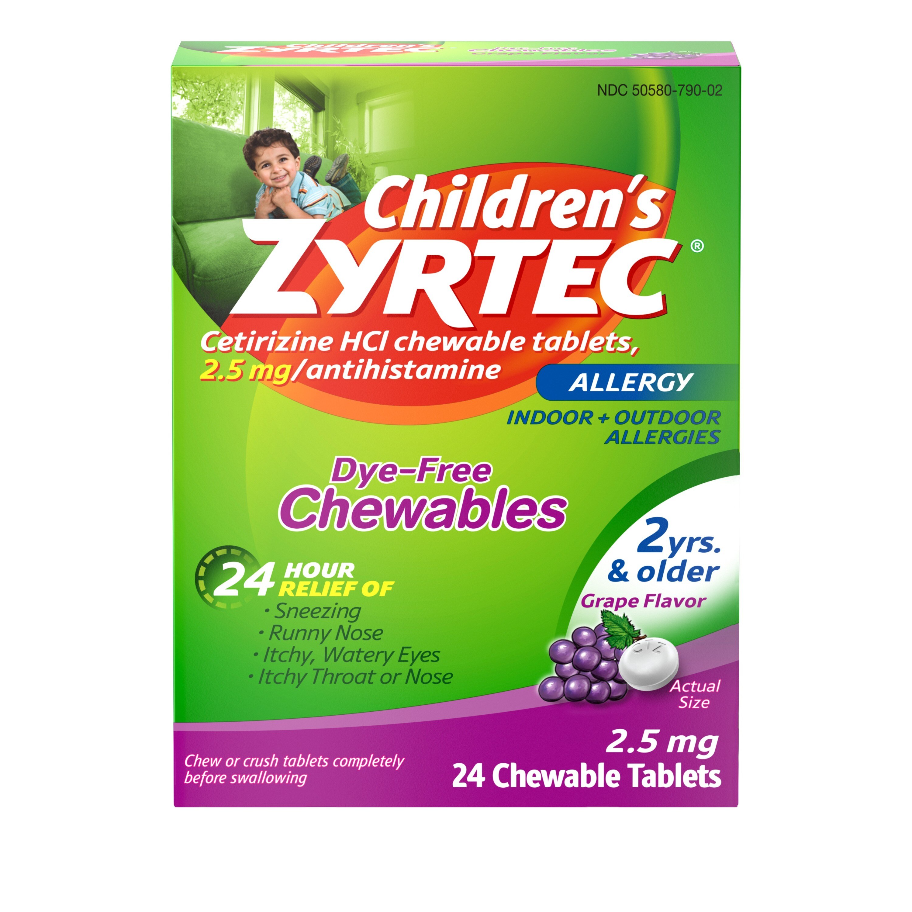 Zyrtec 24 Hour Children's Allergy Dye Free Chewable Tablets, Grape, 2.5 mg, 24 CT