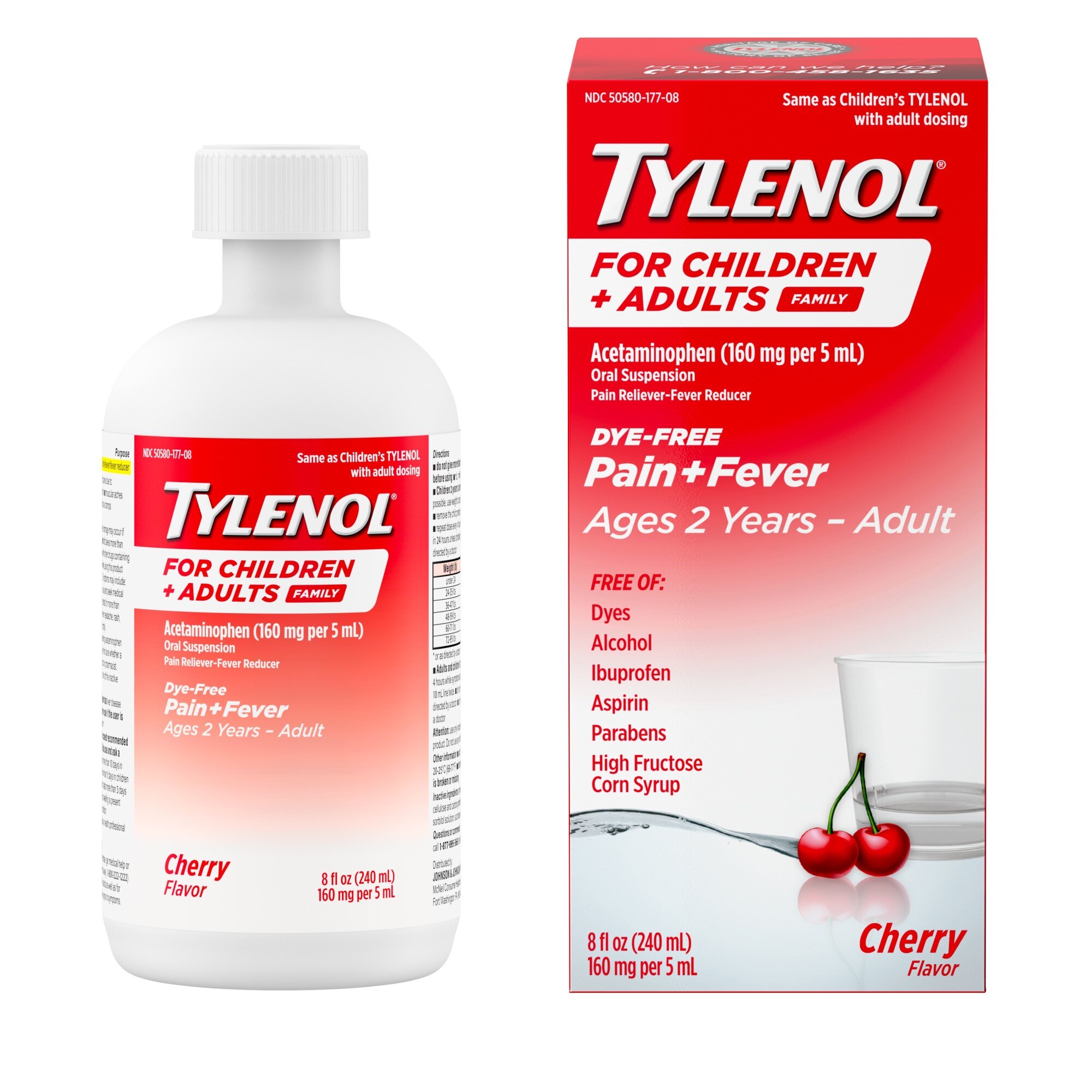 Tylenol Dye-Free Child & Adult Oral Suspension, Cherry, 8 FL OZ