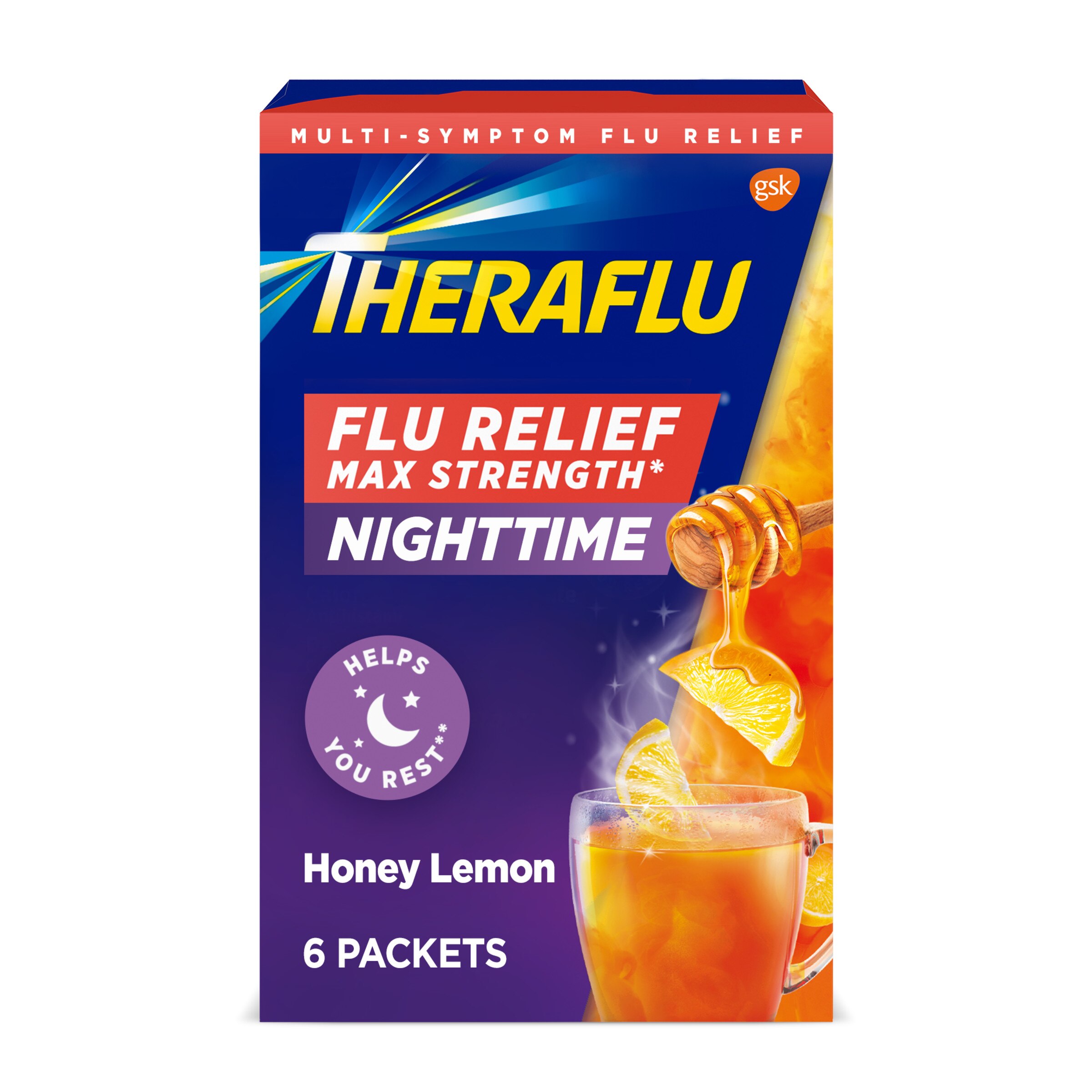 Theraflu Max Strength Nighttime Flu Relief Packets, Honey Lemon, 6 CT