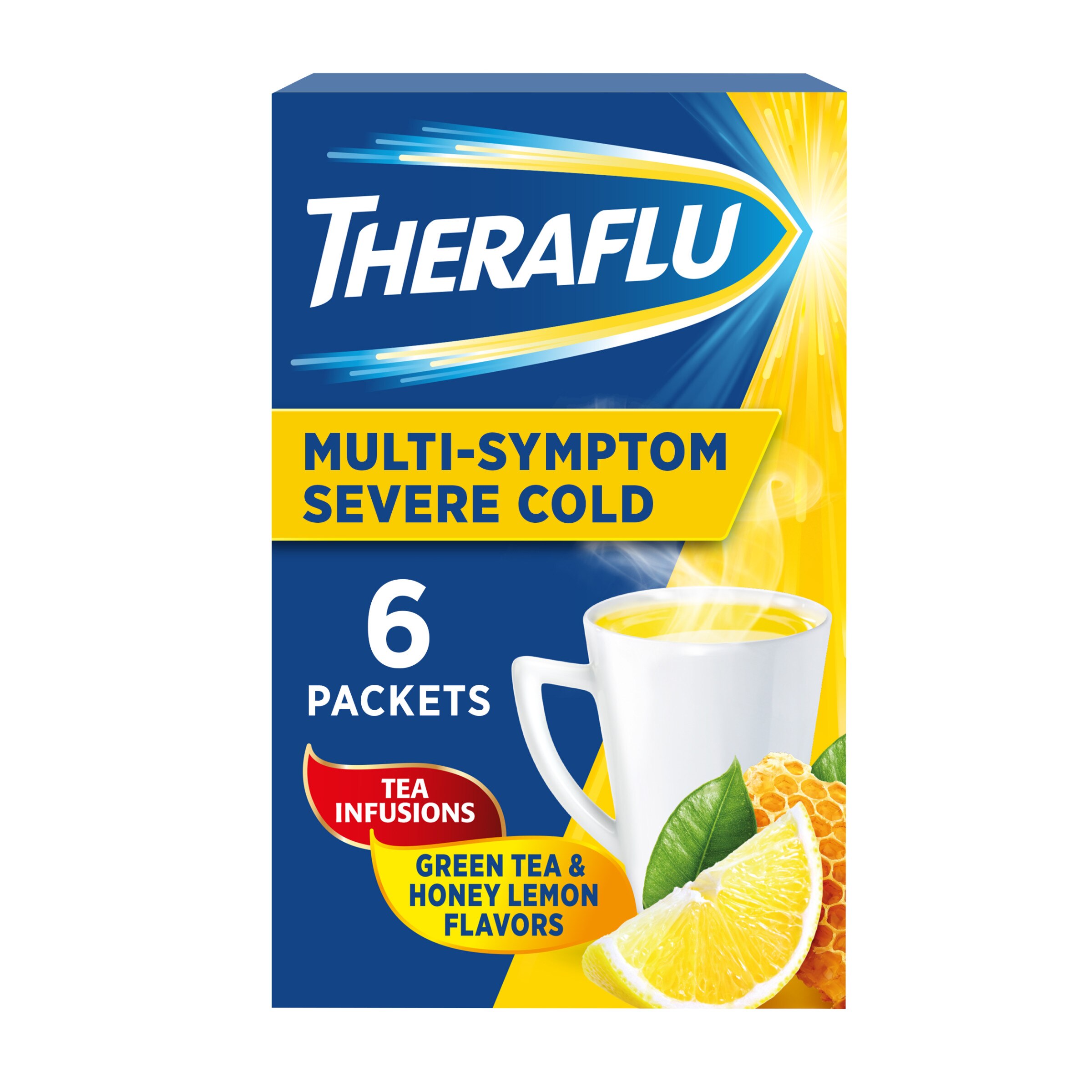 Theraflu Multi-Symptom Severe Cold Hot Liquid Powder Tea Infusions Green Tea and Honey Lemon Flavors 6 Count Box