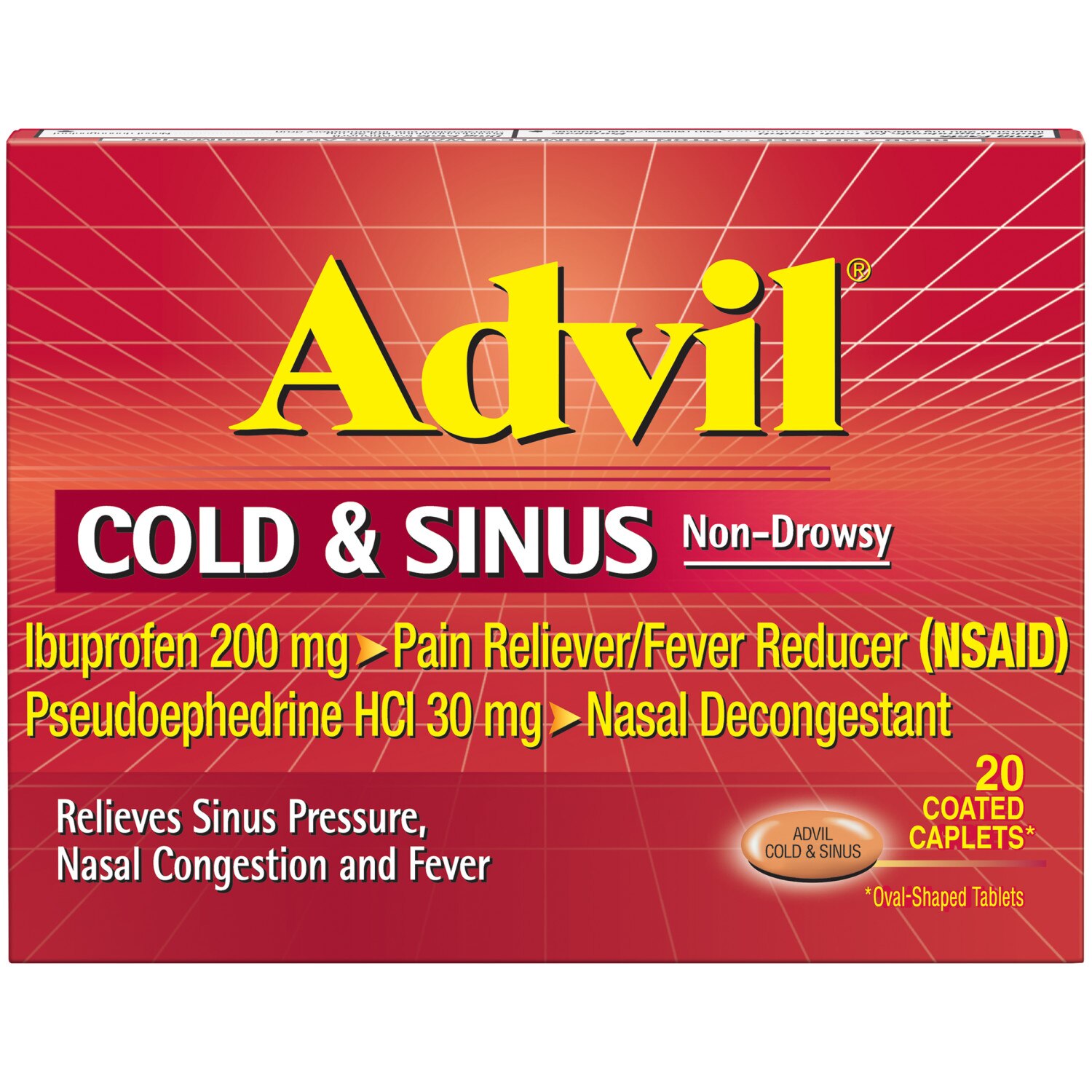 Advil Cold and Sinus Relief Coated Caplets , Non-Drowsy Pain Reliever & Fever Reducer