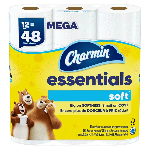 Charmin Essentials Soft Toilet Paper 12 Mega Rolls, 330 sheets per roll