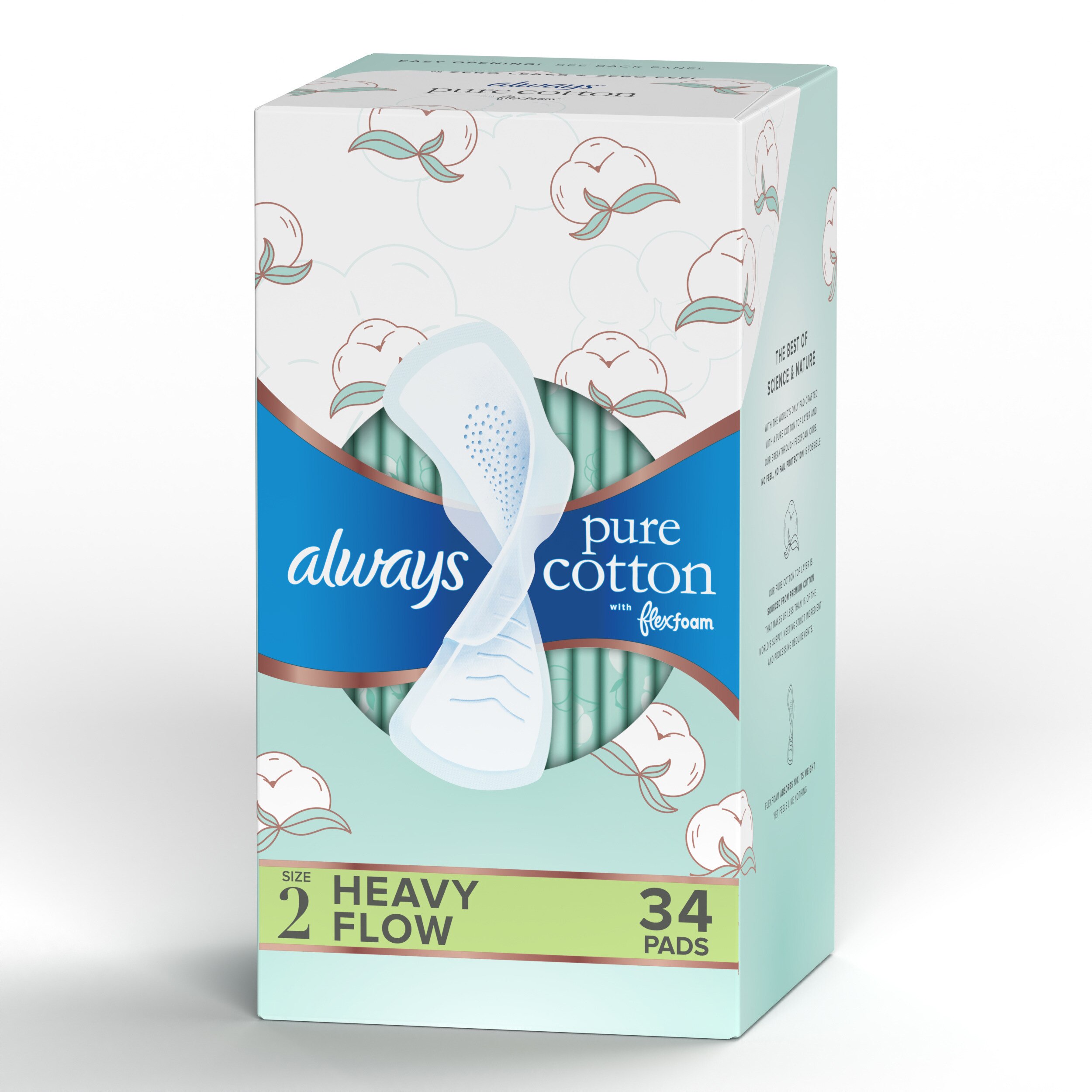 Always Pure Cotton with FlexFoam Size 2 Pads with Wings, Heavy Flow, 34 CT