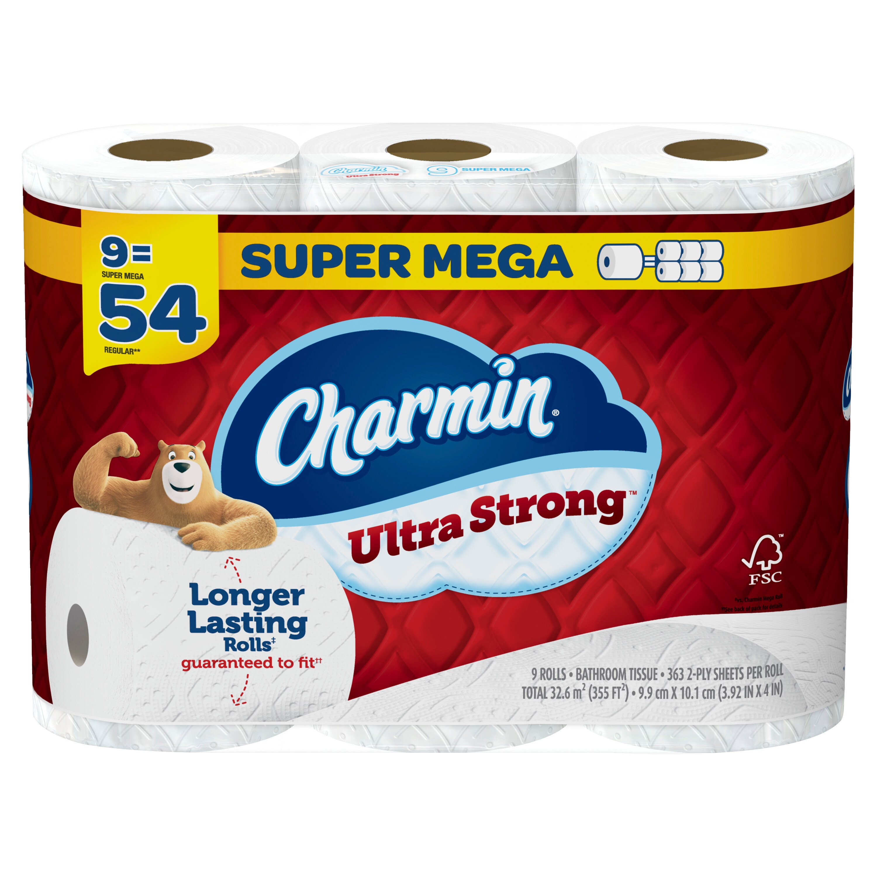 Charmin Ultra Strong Toilet Paper 9 Super Mega Rolls, 363 Sheets Per Roll