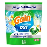 Gain flings Ultra Oxi Laundry Detergent Pacs, Waterfall Delight Scent, 3-in-1, HE Compatible, 14 ct, thumbnail image 1 of 10