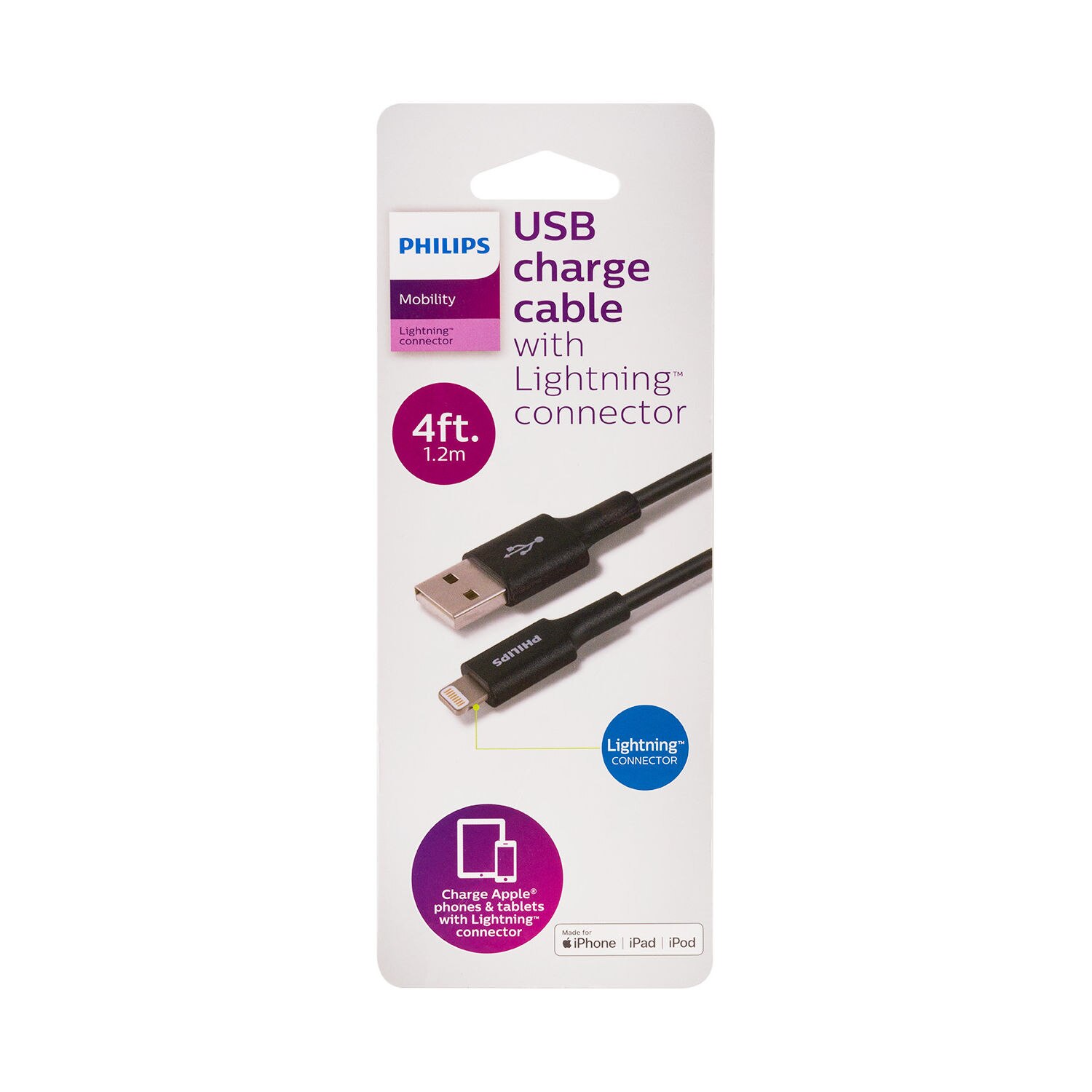 Philips USB to Lightning Cable, 4 ft, Basic, Black