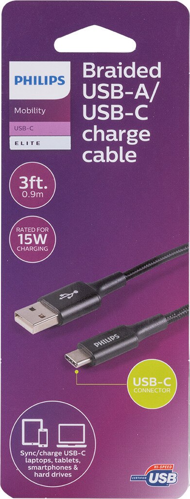 Philips Elite USB-A to USB-C Cable, 3 ft Braided, Black