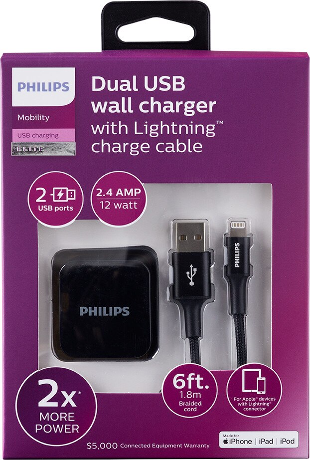 Philips AC Charger with USB A-C Cable, 2 Ports, 2.4A, 6ft Braided, Black