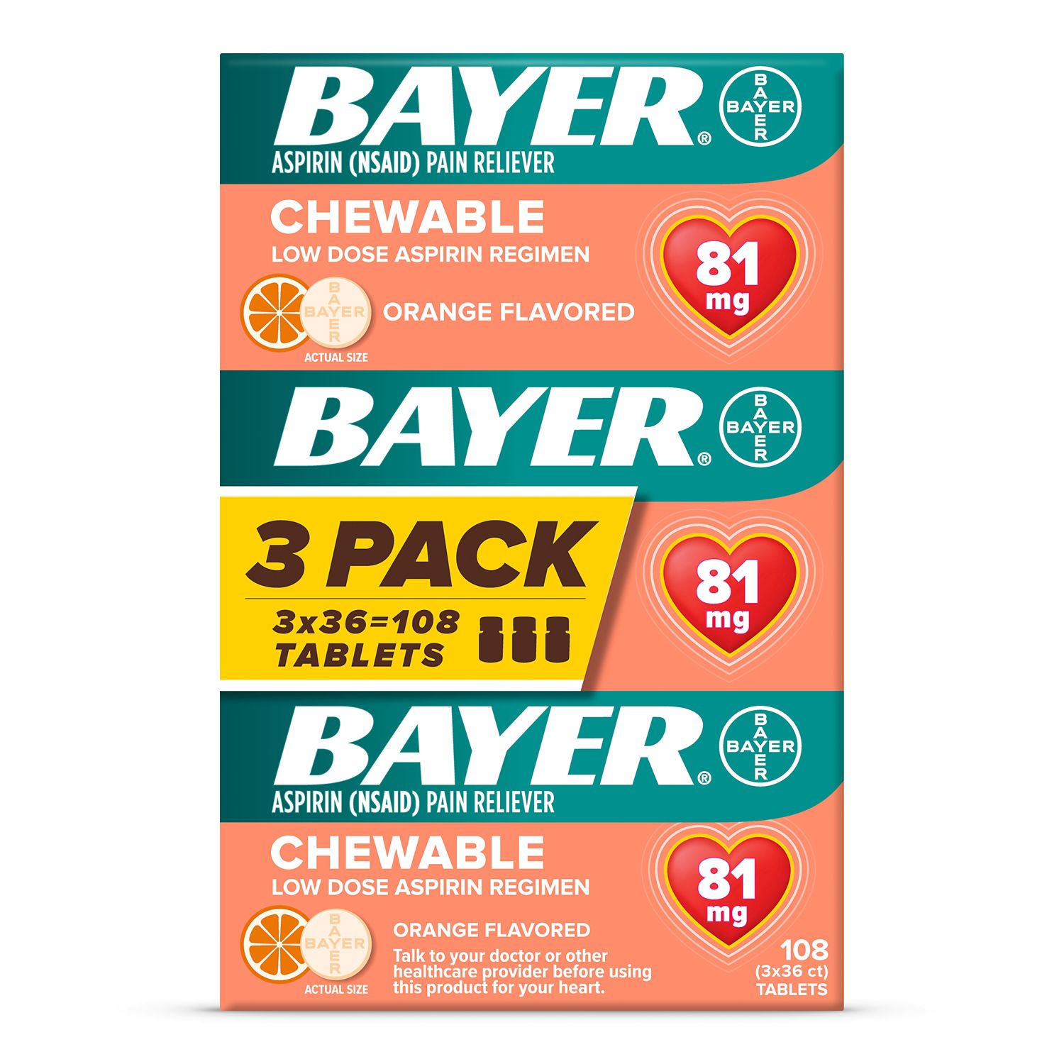 Bayer Low Dose Aspirin 81 MG Chewable Tablets, Orange, 108 CT