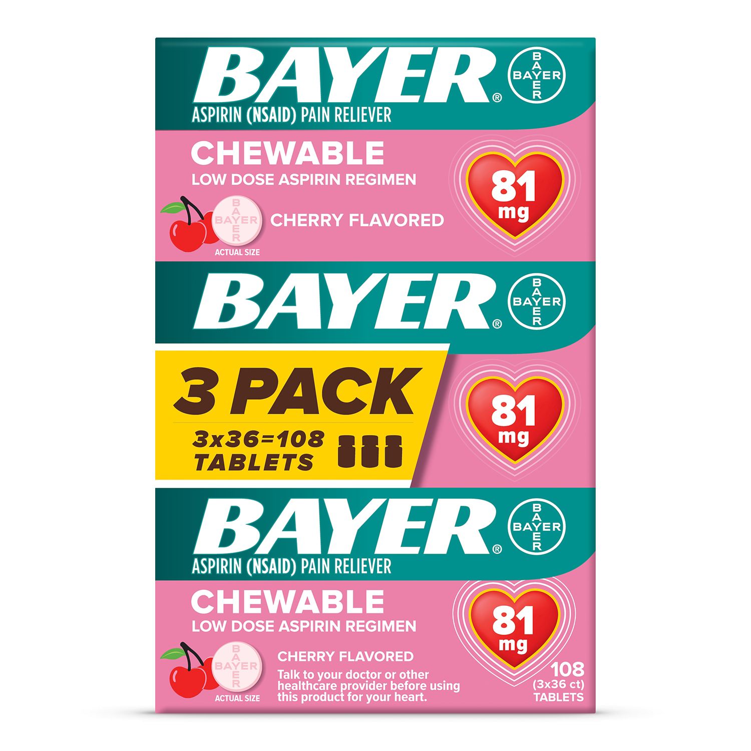 Bayer Low Dose Aspirin 81 MG Chewable Tablets, Cherry, 108 CT