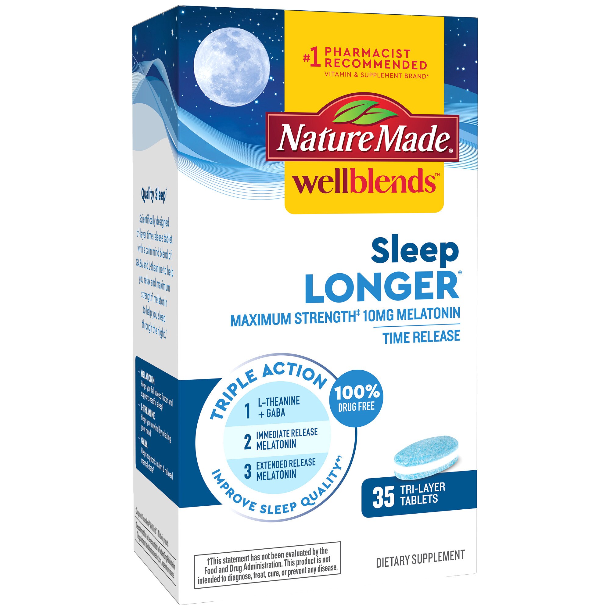 Nature Made Wellblends Sleep Longer, Melatonin 10mg, L theanine, GABA, Tri-Layer Tablets, 35 CT