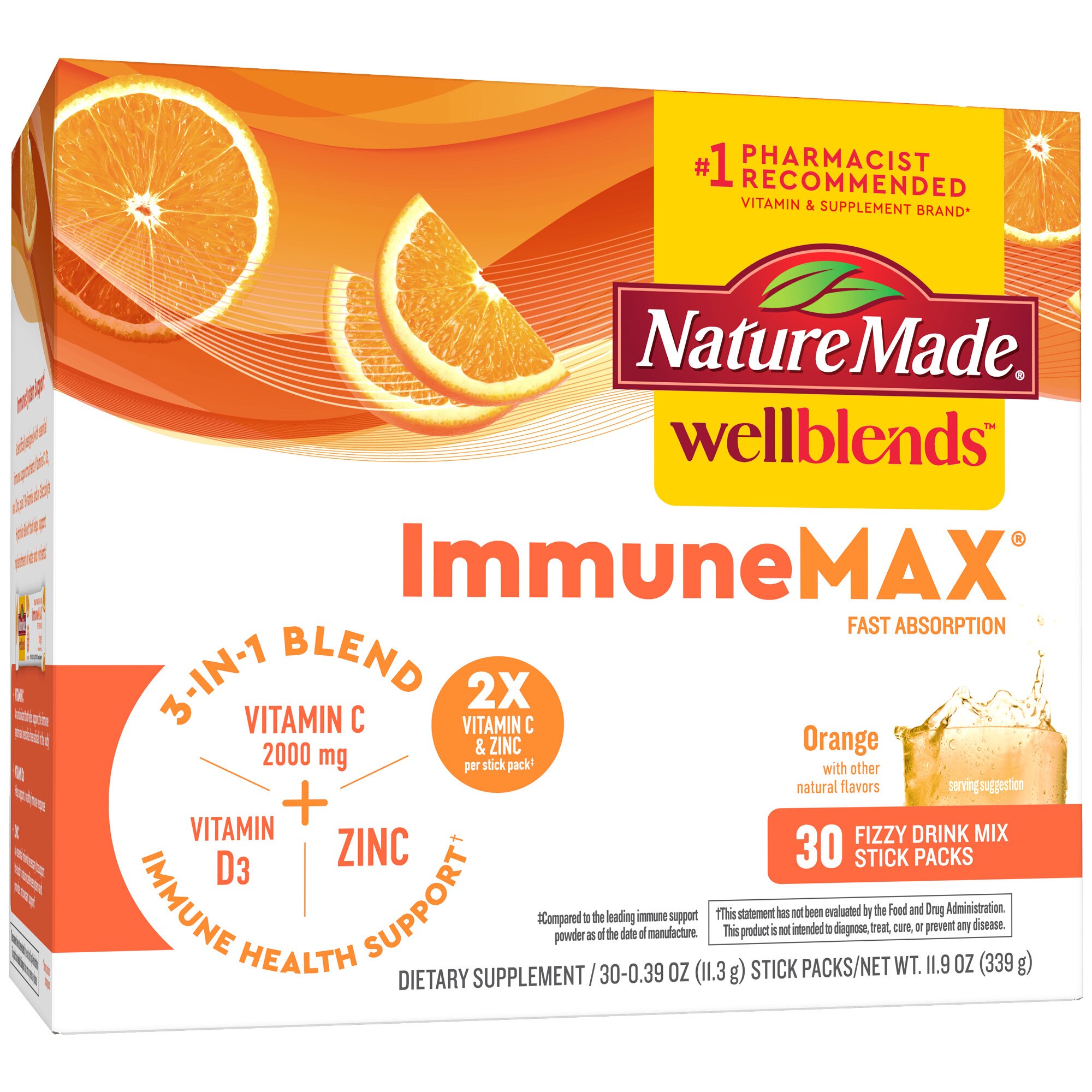 Nature Made Wellblends ImmuneMAX Fizzy Drink Mix Stick Packs, Vitamin C, D3, Electrolyte Packets, 30 CT