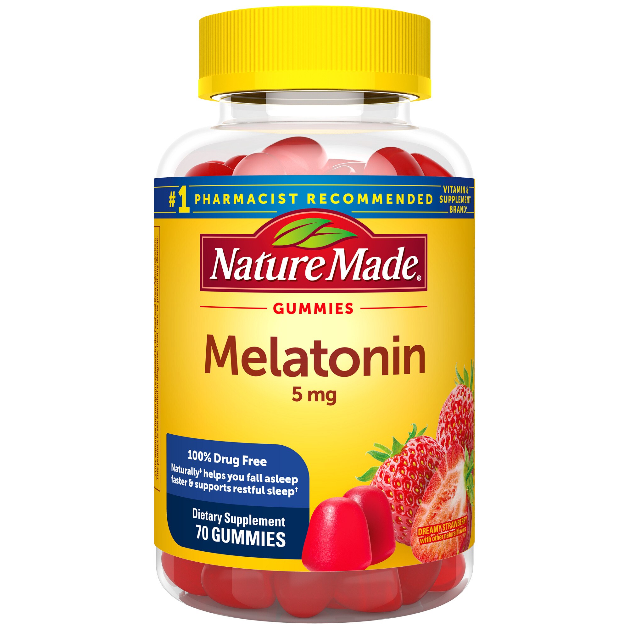 Nature Made Melatonin 5mg Extra Strength Gummies, 100% Drug Free Sleep Aid for Adults, 70 CT