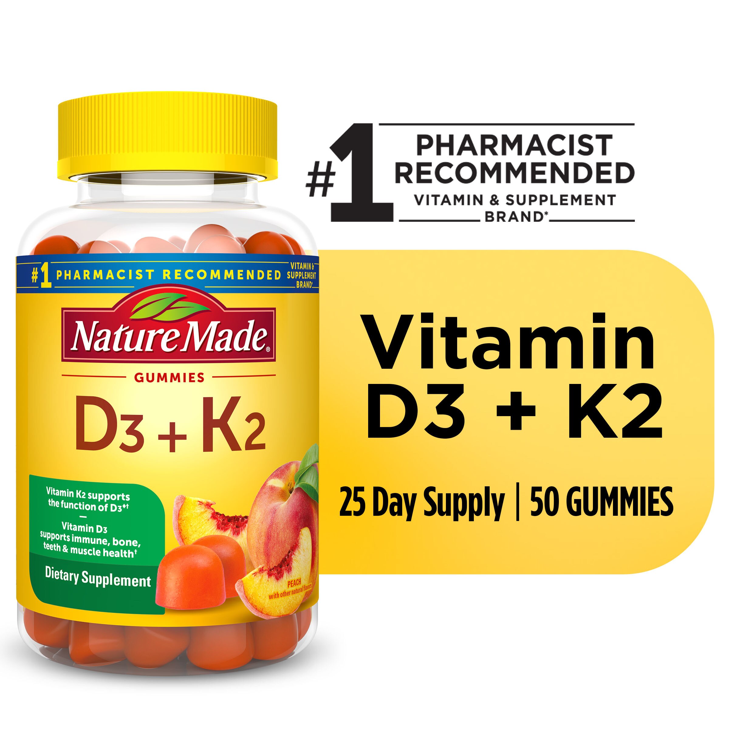 Nature Made Vitamin D3 K2 Gummies, Vitamin D 5000 IU per serving, Bone & Immune Support, 50 CT