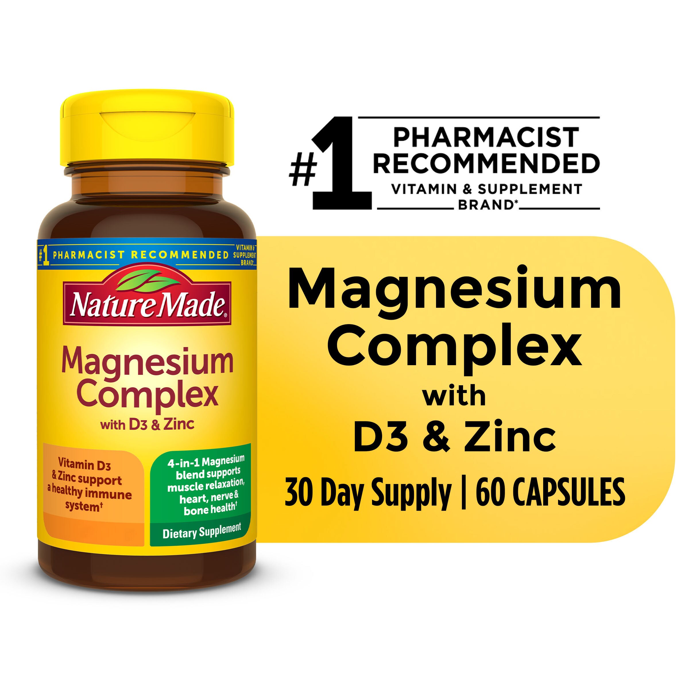 Nature Made Magnesium Complex with Vitamin D and Zinc Capsules, Blended Magnesium Supplement, 60 CT