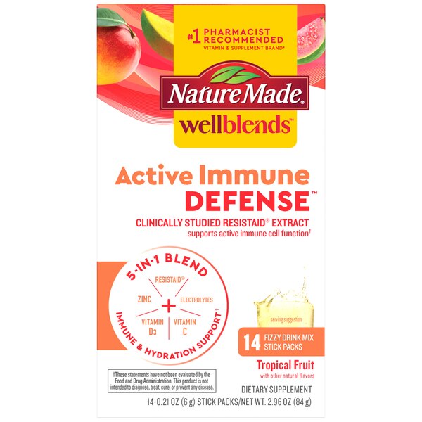 Nature Made Wellblends Active Immune Defense Fizzy Drink Mix, ResistAid, Vitamin C, Vitamin D, Zinc, and Electrolytes Powder, 14 CT