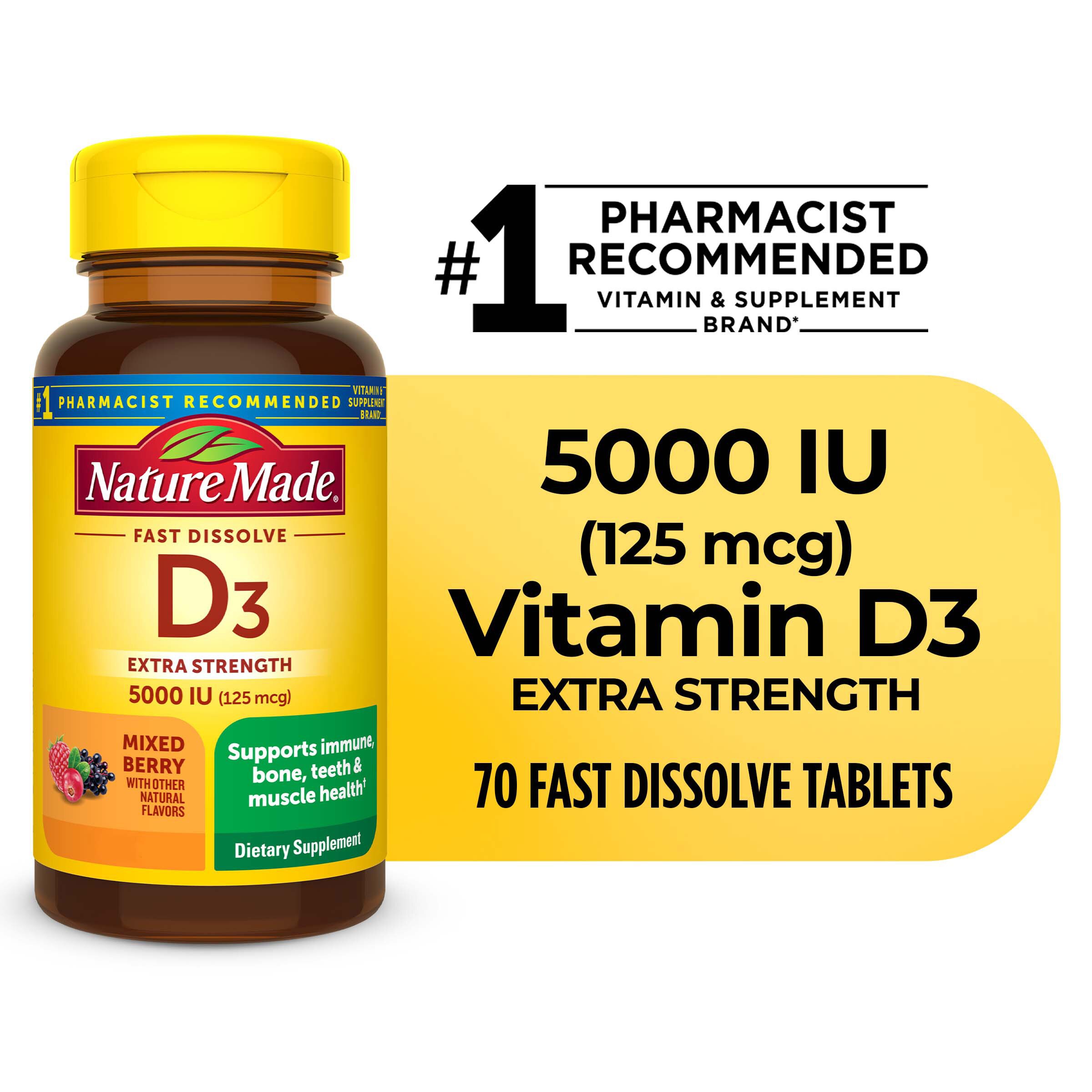 Nature Made Extra Strength Vitamin D3 5000 IU Sugar Free Fast Dissolve Vitamin D Tablets, 70 CT