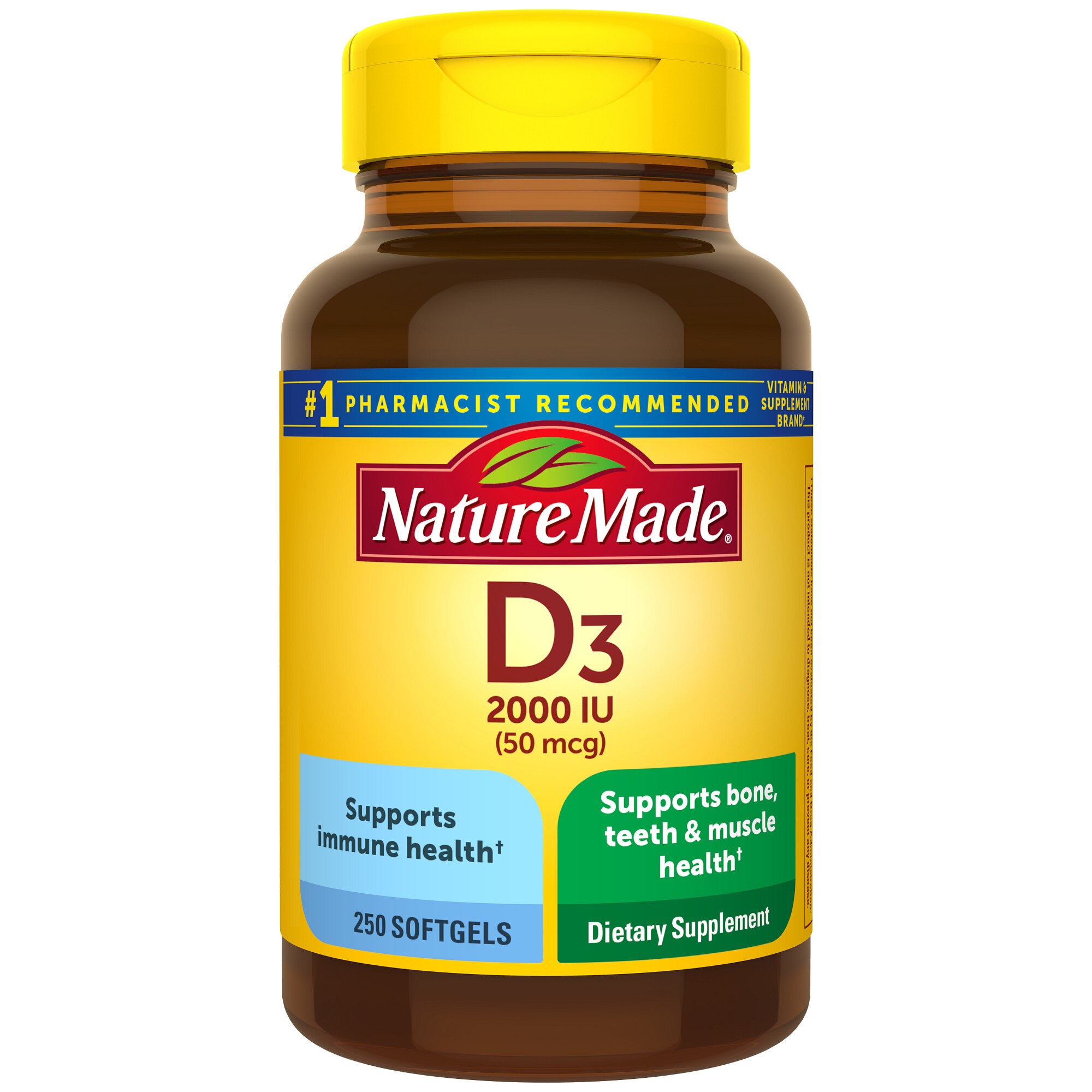 Nature Made Vitamin D3 2000 IU (50 mcg), Bone Health and Immune Support Softgels, 250 CT