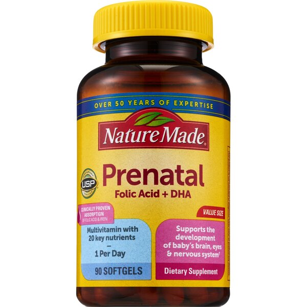 Nature Made Prenatal with Folic Acid + DHA, Prenatal Vitamin and Mineral Supplement Softgels, 90 CT