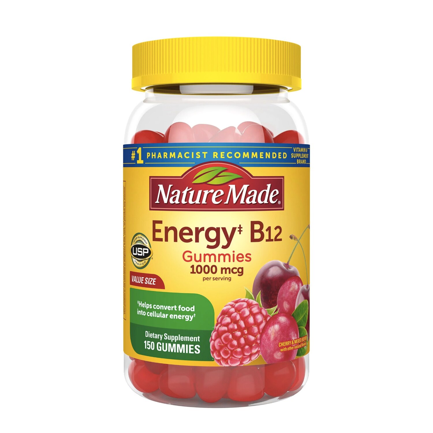 Nature Made Energy Vitamin B12 1000 mcg, Cherry & Mixed Berry Flavored Gummy Vitamins, 150 CT