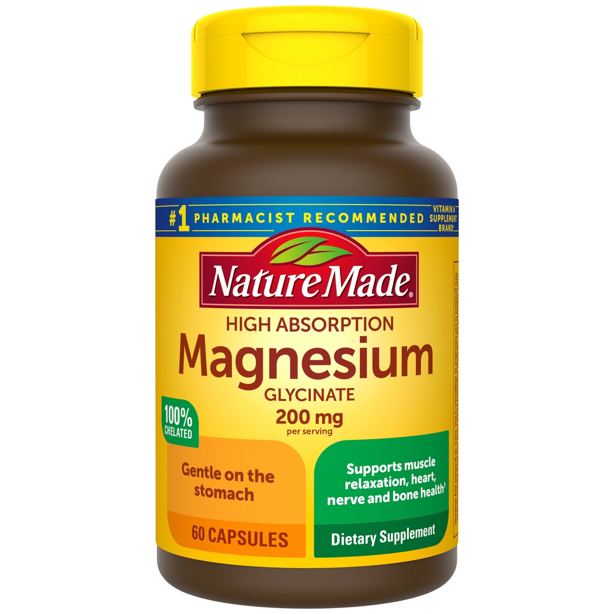 Nature Made High Absorption Magnesium Glycinate 200 mg per serving, Magnesium Supplement Capsules, 60 CT