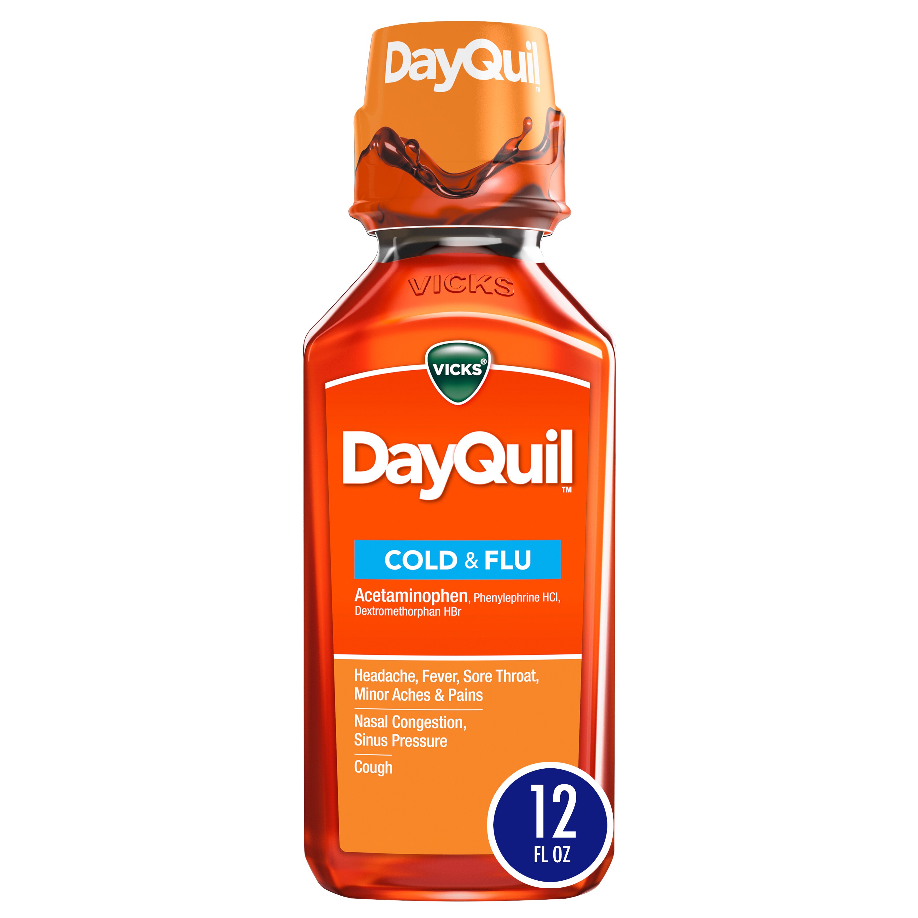 Vicks DayQuil, Non-Drowsy, Daytime Cold & Flu Medicine, Relieves Aches, Headache, Fever, Sore Throat, Congestion, Sneezing, Runny Nose, Cough 12 Fl OZ