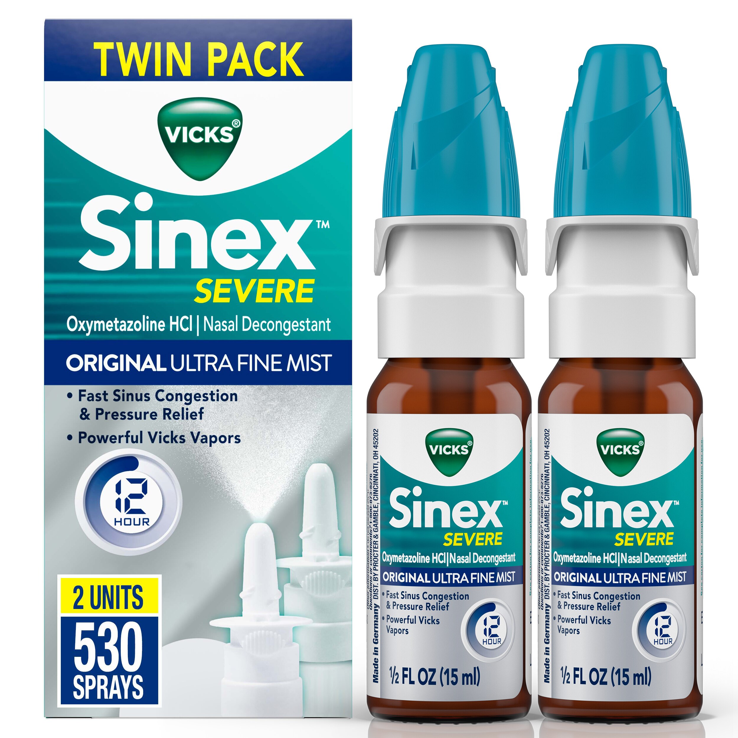 Vicks Sinex Severe 12HR Original Nasal DecongestantTwin Pack, 2 0.5 OZ bottles