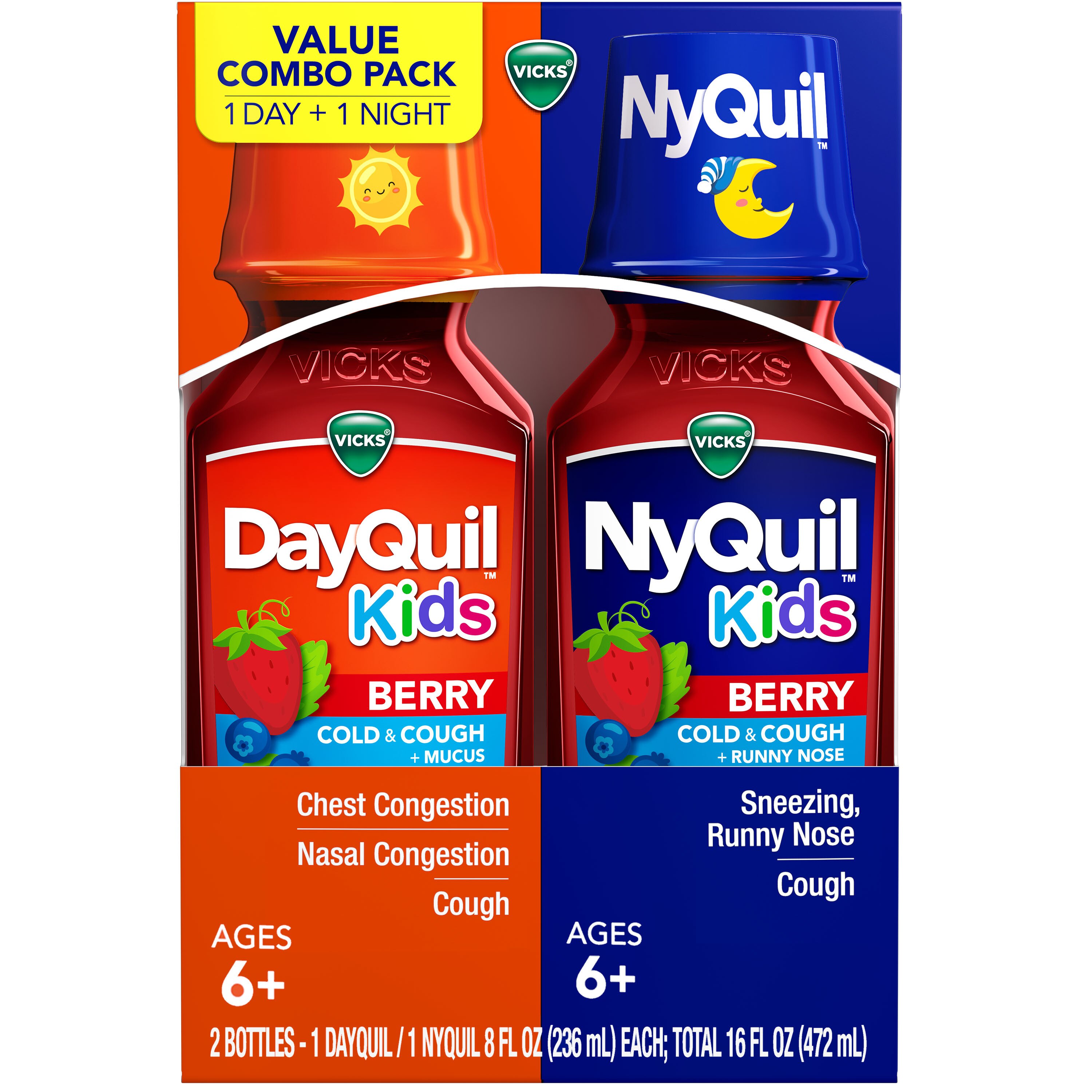 VICKS DayQuil & NyQuil Kids Berry Cold & Cough Medicine Combo Pack, Daytime & Nighttime Relief, 2 8 FL OZ Bottles