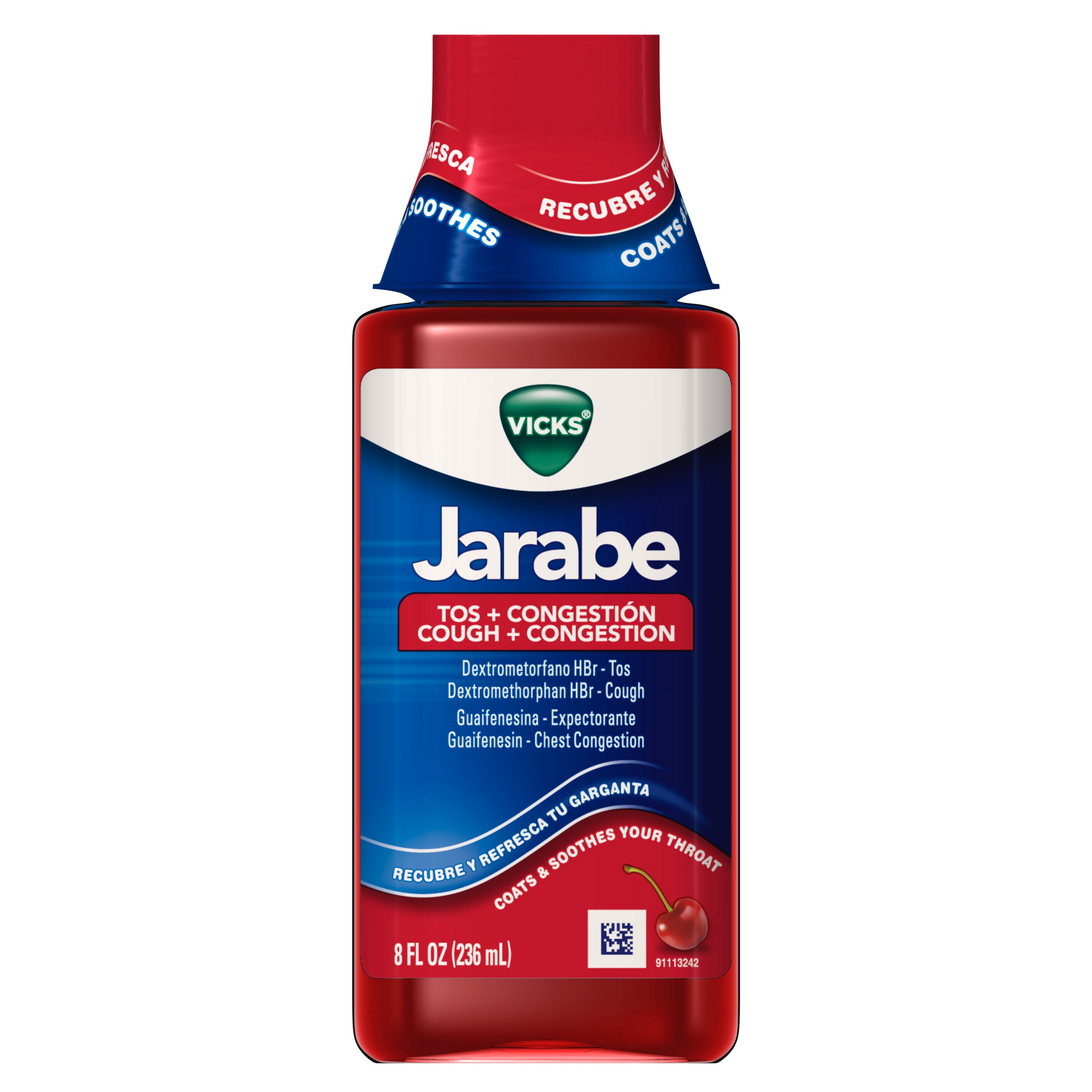 Vicks Jarabe Cough and Congestion Cold Medicine, Cherry Flavor, 8 OZ