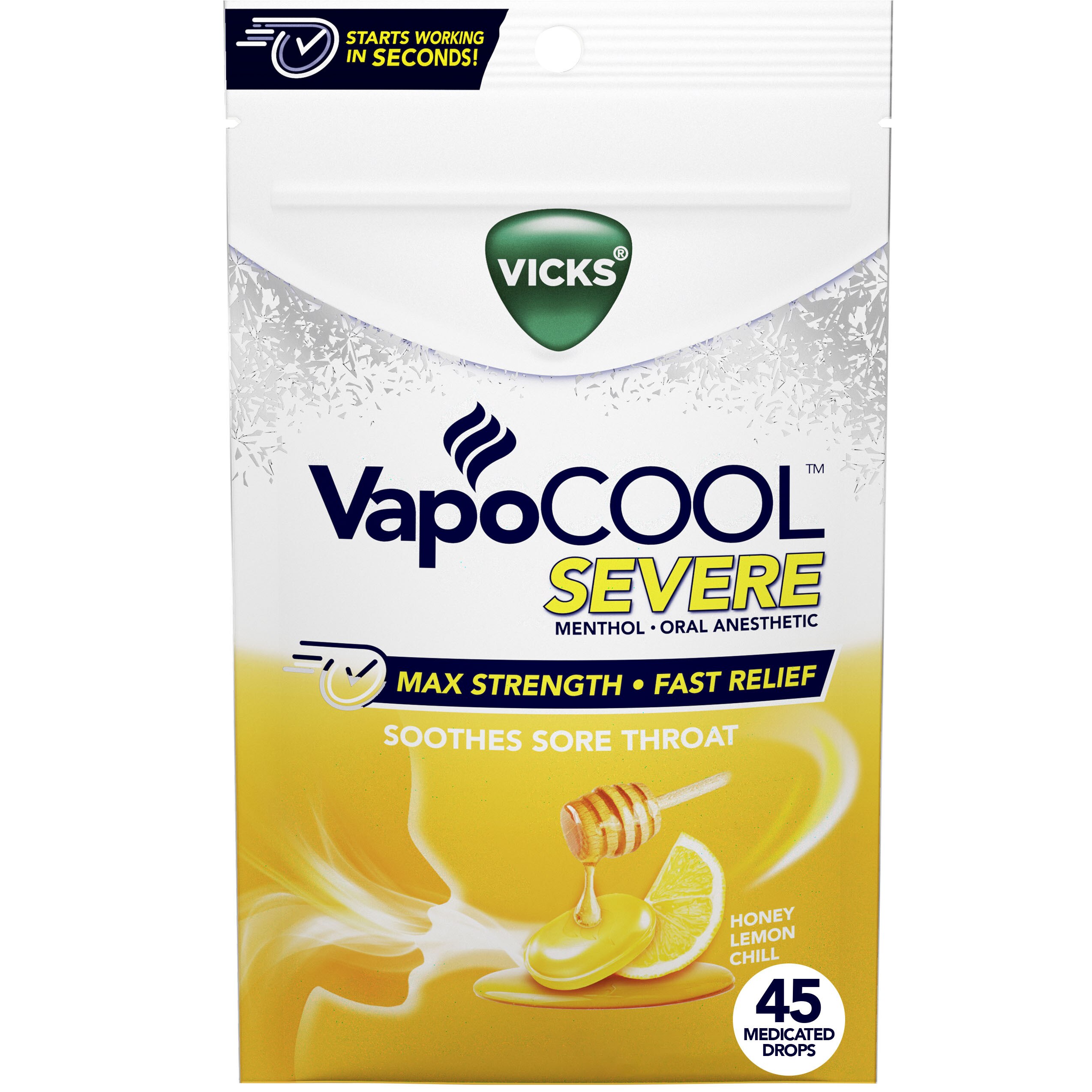 Vicks VapoCOOL Severe Sore Throat Medicated Drops, Lemon Chill, 45 CT