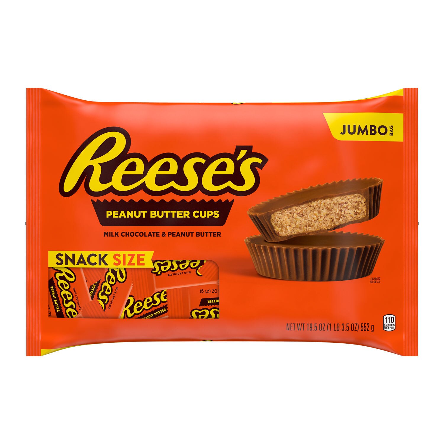 Reese's, Milk Chocolate Peanut Butter Snack Size Cups, Candy Jumbo Bag, 19.5 oz