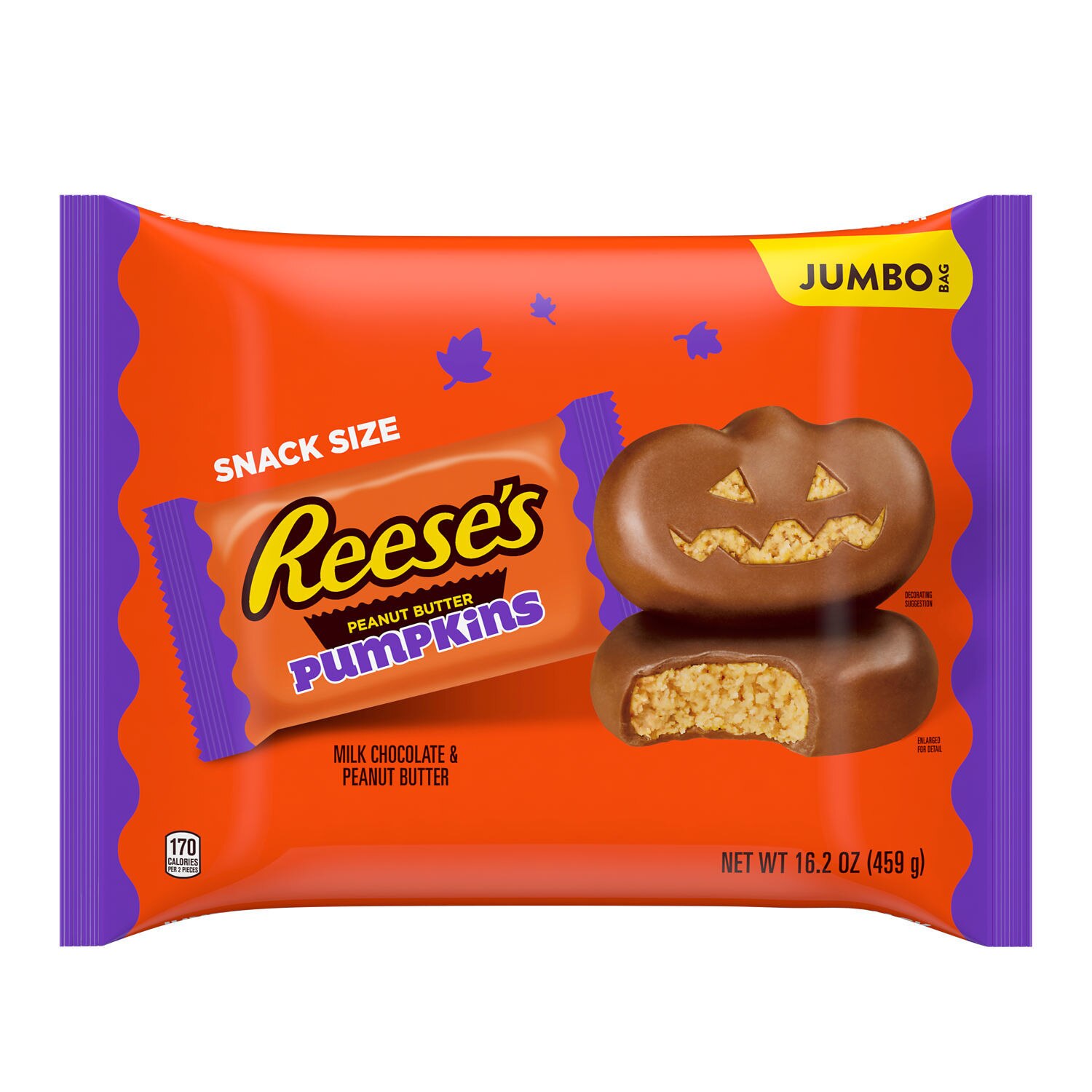 Reese's, Milk Chocolate Peanut Butter Snack Size Pumpkins, Candy Jumbo Bag, 16.2 oz