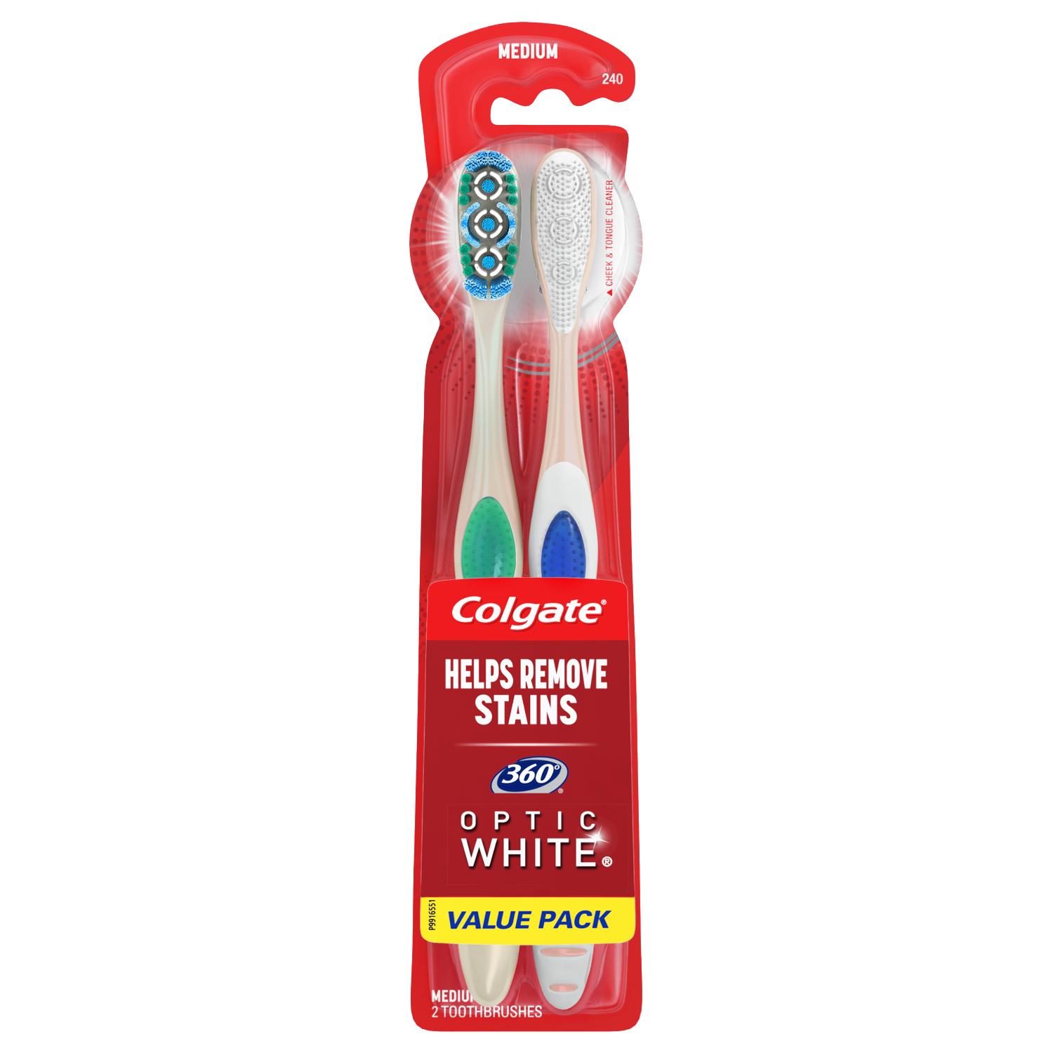 Colgate 360 Optic White Whitening Toothbrush, Medium, 2 CT